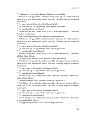 48
Hetednapon az Efraim fiainak fejedelme: Elisáma, az Ammihúd fia.
49
Az õ áldozata volt egy ezüst tál, száz harmincz siklus súlyú, egy ezüst medencze, hetven
siklus súlyú, a szent siklus szerint, mind a kettõ telve vala olajjal elegyített lisztlánggal,
ételáldozatul.
50
Egy arany csésze, tíz [siklus súlyú], füstölõ szerekkel telve.
51
Egy fiatal tulok, egy kos, egy esztendõs bárány, egészen égõáldozatul.
52
Egy kecskebak bûnért való áldozatul.
53
Hálaadó áldozatul pedig két ökör, öt kos, öt bak, öt bárány, esztendõsök. Ez Elisámának,
Ammihúd fiának áldozata.
54
Nyolczadnapon a Manasse fiainak fejedelme: Gamliél, Pédasúr fia.
55
Az õ áldozata volt egy ezüst tál, száz harmincz siklus súlyú, egy ezüst medencze, hetven
siklus súlyú, a szent siklus szerint, mind a kettõ telve vala olajjal elegyített lisztlánggal,
ételáldozatul.
56
Egy arany csésze, tíz [siklus súlyú], füstölõ szerekkel telve.
57
Egy fiatal tulok, egy kos, egy esztendõs bárány egészen égõáldozatul.
58
Egy kecskebak bûnért való áldozatul.
59
Hálaadó áldozatul pedig két ökör, öt kos, öt bak, öt bárány, esztendõsök. Ez Gámliélnek,
a Pédasúr fiának áldozata.
60
Kilenczednapon a Benjámin fiainak fejedelme: Abidán, a Gideóni fia.
61
Az õ áldozata volt egy ezüst tál, száz harmincz siklus súlyú, egy ezüst medencze hetven
siklus súlyú, a szent siklus szerint, mind a kettõ telve vala olajjal elegyített lisztlánggal,
ételáldozatul.
62
Egy arany csésze, tíz [siklus súlyú], füstölõ szerekkel telve.
63
Egy fiatal tulok, egy kos, egy esztendõs bárány egészen égõáldozatul.
64
Egy kecskebak bûnért való áldozatul.
65
Hálaadó áldozatul pedig két ökör, öt kos, öt bak, öt bárány, esztendõsök. Ez Abidánnak,
Gideóni fiának áldozata.
66
Tizedik napon a Dán fiainak fejedelme: Ahiézer, az Ammisaddai fia.
67
Az õ áldozata volt egy ezüst tál, száz harmincz siklus súlyú, egy ezüst medencze hetven
siklus súlyú, a szent siklus szerint, mind a kettõ telve vala olajjal elegyített lisztlánggal,
ételáldozatul.
68
Egy arany csésze, tíz [siklus súlyú], füstölõ szerekkel telve.
69
Egy fiatal tulok, egy kos, egy esztendõs bárány egészen égõáldozatul.
70
Egy kecskebak bûnért való áldozatul.
71
Hálaadó áldozatul pedig két ökör, öt kos, öt bak, öt bárány, esztendõsök. Ez Ahiézernek,
az Ammisaddai fiának áldozata.
72
Tizenegyedik napon az Áser fiainak fejedelme: Págiel, Okrán fia.
260
Numbers 7
 