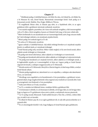 Chapter 27
1
Elõállának pedig a Czélofhád leányai, a ki Héfer fia vala, a ki Gileád fia, a ki Mákir fia,
a ki Manasse fia vala, József fiának, Manassénak nemzetségei közül. Ezek pedig az õ
leányainak neveik: Makhla, Nóa, Hogla, Milkha és Thircza.
2
És megállának Mózes elõtt, és Eleázár pap elõtt, és a fejedelmek elõtt, és az egész
gyülekezet elõtt a gyülekezet sátorának nyilásánál, mondván:
3
A mi atyánk meghalt a pusztában, de õ nem volt azoknak seregében, a kik összeseregeltek
volt az Úr ellen a Kóré seregében; hanem az õ bûnéért holt meg, és fiai nem voltak néki.
4
Miért töröltetnék el a mi atyánknak neve az õ nemzetsége közül, azért, hogy nincsen õnéki
fia? Adj örökséget nékünk a mi atyánknak atyjafiai között.
5
Mózes pedig vivé ezeknek ügyét az Úr elé.
6
És szóla az Úr Mózesnek, mondván:
7
Igazat szólnak a Czélofhád leányai: Adj nékik örökségi birtokot az õ atyjoknak atyjafiai
között, és szállítsd rájok az õ atyjoknak örökségét.
8
Izráel fiainak pedig szólj, mondván: Mikor valaki meghal, és fia nem leend annak, akkor
adjátok annak örökségét az õ leányának.
9
Ha pedig nem leend néki leánya, akkor adjátok az õ örökségét az õ testvéreinek.
10
Ha pedig nem leendenek néki testvérei, akkor adjátok az õ örökségét az õ atyja testvéreinek.
11
Ha pedig nem leendenek az õ atyjának testvérei, akkor adjátok az õ örökségét annak, a
ki legközelebbi atyjafia az õ nemzetségébõl, és bírja azt. Legyen pedig az Izráel fiainak
végezett törvényök, a miképen megparancsolta az Úr Mózesnek.
12
Monda azután az Úr Mózesnek: Menj fel az Abarim hegyére, és lásd meg a földet, a melyet
Izráel fiainak adtam.
13
Miután pedig megláttad azt, takaríttatol te is a te népedhez, a miképen oda takaríttatott
Áron, a te testvéred;
14
Mivelhogy nem engedétek az én beszédemnek a Czin pusztájában, a gyülekezet versen-
gésének idején, hogy megdicsõítettetek volna engemet ama vizeknél az õ szemeik elõtt. Ezek
a versengésnek vizei Kádesnél a Czin pusztájában.
15
Szóla azért Mózes az Úrnak, mondván:
16
Az Úr, a minden test lelkének Istene, rendeljen férfiút a gyülekezet fölé.
17
A ki kimenjen õ elõttök, és a ki bemenjen õ elõttök; a ki kivigye õket, és a ki bevigye õket,
hogy ne legyen az Úr gyülekezete olyan mint a juhok, a melyeknek nincsen pásztoruk.
18
Az Úr pedig monda Mózesnek: Vedd melléd Józsuét a Nún fiát, a férfiút, a kiben lélek
van, és tedd õ reá a te kezedet.
19
És állasd õt Eleázár pap elé, és az egész gyülekezet elé, és adj néki parancsolatokat az õ
szemeik elõtt.
20
És a te dicsõségedet közöld õ vele, hogy hallgassa õt Izráel fiainak egész gyülekezete.
302
Numbers 27
 