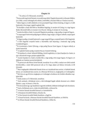 Chapter 34
1
És szóla az Úr Mózesnek, mondván:
2
Parancsold meg Izráel fiainak, és mondd meg nékik: Hogyha bementek ti a Kanaán földére;
(ez a föld, a mely örökségûl esik néktek, [tudniillik] a Kanaán földe az õ határai szerint),
3
Akkor legyen a ti déli oldalatok a Czin pusztájától fogva Edom határáig, és legyen a ti déli
határotok a Sós tenger végétõl napkelet felé.
4
És kerüljön a határ dél felõl az Akrabbim hágójáig, és menjen át Czinig, és a vége legyen
Kádes-Barneától délre; és menjen tova Haczár-Adárig, és menjen át Aczmonig.
5
Azután kerüljön a határ Aczmontól Égyiptom patakáig, a vége pedig a tengernél legyen.
6
A napnyugoti határotok pedig legyen néktek a nagy tenger; ez legyen néktek a napnyugoti
határotok.
7
Ez legyen pedig a ti északi határotok: a nagy tengertõl fogva vonjatok határt a Hór hegyének.
8
A Hór hegyétõl vonjatok határt a Hamáthba való bejárásig; a határnak vége pedig
Czedádnál legyen.
9
És tovamenjen a határ Zifronig, a vége pedig Haczar-Enán legyen. Ez legyen néktek az
északi határotok.
10
A napkeleti határt pedig vonjátok Haczar-Enántól Sefámig.
11
És hajoljon le a határ Sefámtól Ribláig, Aintól napkeletre; és [újra] hajoljon le a határ, és
érje a Kinnéreth tenger partját napkelet felé.
12
Azután hajoljon le a határ a Jordán felé, a vége pedig a Sós tenger legyen. Ez legyen a ti
földetek az õ határai szerint köröskörül.
13
És parancsot ada Mózes Izráel fiainak, mondván: Ez az a föld, a melyet sors által vesztek
birtokotokba, a mely felõl parancsot ada az Úr, hogy adjam azt kilencz törzsnek, és fél
törzsnek;
14
Mert megkapták a Rúbeniták fiainak törzse az õ atyáiknak háza szerint, a Gáditák fiainak
törzse, az õ atyáiknak háza szerint, és a Manasse fél törzse is, megkapták az õ örökségöket.
15
Két törzs és egy fél törzs megkapta az õ örökségét a Jordánon túl, Jérikhó ellenében nap-
kelet felõl.
16
Szóla azután az Úr Mózesnek, mondván:
17
Ezek azoknak a férfiaknak nevei, a kik örökségül fogják néktek elosztani azt a földet:
Eleázár, a pap, és Józsué, a Nún fia.
18
És törzsenként egy-egy fejedelmet vegyetek mellétek a földnek örökségül való elosztására.
19
Ezek a férfiaknak nevei: a Júda törzsébõl Káleb, a Jefunné fia.
20
A Simeon fiainak törzsébõl Sámuel, az Ammihúd fia.
21
A Benjámin törzsébõl Elidád, a Kiszlon fia.
22
A Dán fiainak törzsébõl Bukki fejedelem, a Jógli fia.
23
A József fia közül, a Manasse fiainak törzsébõl Hanniél fejedelem, az Efód fia.
24
Az Efraim fiainak törzsébõl Kemuél fejedelem, a Siftán fia.
318
Numbers 34
 