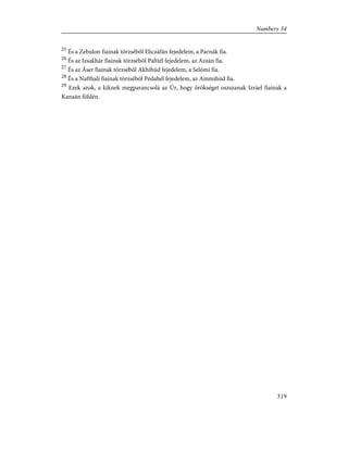 25
És a Zebulon fiainak törzsébõl Eliczáfán fejedelem, a Parnák fia.
26
És az Izsakhár fiainak törzsébõl Paltiél fejedelem, az Azzán fia.
27
És az Áser fiainak törzsébõl Akhihúd fejedelem, a Selómi fia.
28
És a Nafthali fiainak törzsébõl Pédahél fejedelem, az Ammihúd fia.
29
Ezek azok, a kiknek megparancsolá az Úr, hogy örökséget oszszanak Izráel fiainak a
Kanaán földén.
319
Numbers 34
 