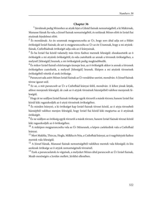 Chapter 36
1
Járulának pedig Mózeshez az atyák fejei a Gileád fiainak nemzetségébõl, a ki Mákirnak,
Manasse fiának fia vala, a József fiainak nemzetségébõl, és szólának Mózes elõtt és Izráel fiai
atyáinak fejedelmei elõtt.
2
És mondának: Az én uramnak megparancsolta az Úr, hogy sors által adja ezt a földet
örökségül Izráel fiainak; de azt is megparancsolta az Úr az én Uramnak, hogy a mi atyánk-
fiának, Czélofhádnak örökségét adja oda az õ leányainak.
3
És ha Izráel fiai közül valamely más törzs fiaihoz mennek feleségül: elszakasztatik az õ
örökségök a mi atyáink örökségétõl, és oda csatoltatik az annak a törzsnek örökségéhez, a
melynél [feleségül] lesznek; a mi örökségünk pedig megkisebbedik.
4
És mikor Izráel fiainál a kürtzengés ünnepe lesz, az õ örökségök akkor is annak a törzsnek
örökségéhez csatoltatik, a melynél [feleségül] lesznek. Eképen a mi atyáink törzseinek
örökségébõl vétetik el azok öröksége.
5
Parancsot ada azért Mózes Izráel fiainak az Úr rendelése szerint, mondván: A József fiainak
törzse igazat szól.
6
Ez az, a mit parancsolt az Úr a Czélofhád leányai felõl, mondván: A kihez jónak látják,
ahhoz menjenek feleségül, de csak az õ atyjok törzsének háznépébõl valóhoz menjenek fe-
leségül,
7
Hogy át ne szálljon Izráel fiainak öröksége egyik törzsrõl a másik törzsre; hanem Izráel fiai
közül kiki ragaszkodjék az õ atyái törzsének örökségéhez.
8
És minden leányzó, a ki örökséget kap Izráel fiainak törzsei közül, az õ atyja törzsebeli
háznépbõl valóhoz menjen feleségül, hogy Izráel fiai közül kiki megtartsa az õ atyáinak
örökségét.
9
És ne szálljon az örökség egyik törzsrõl a másik törzsre, hanem Izráel fiainak törzsei közül
kiki ragaszkodjék az õ örökségéhez.
10
A miképen megparancsolta vala az Úr Mózesnek, a képen cselekedtek vala a Czélofhád
leányai.
11
Mert Makhla, Thircza, Hogla, Milkha és Nóa, a Czélofhád leányai, az õ nagybátyjok fiaihoz
mentek vala feleségül;
12
A József fiának, Manassé fiainak nemzetségébõl valókhoz mentek vala feleségül; és lõn
azoknak öröksége az õ atyjok nemzetségének törzsénél.
13
Ezek a parancsolatok és végzések, a melyeket Mózes által parancsolt az Úr Izráel fiainak,
Moáb mezõségén a Jordán mellett, Jérikhó ellenében.
322
Numbers 36
 