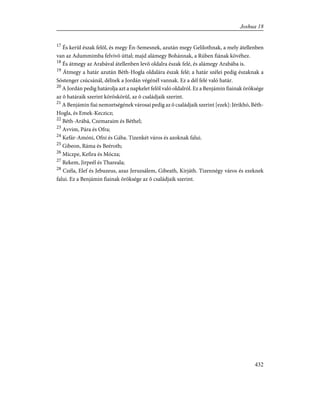 17
És kerül észak felõl, és megy Én-Semesnek, azután megy Gelilothnak, a mely átellenben
van az Adummimba felvivõ úttal; majd alámegy Bohánnak, a Rúben fiának kövéhez.
18
És átmegy az Arabával átellenben levõ oldalra észak felé, és alámegy Arabába is.
19
Átmegy a határ azután Béth-Hogla oldalára észak felé; a határ szélei pedig északnak a
Sóstenger csúcsánál, délnek a Jordán végénél vannak. Ez a dél felé való határ.
20
A Jordán pedig határolja azt a napkelet felõl való oldalról. Ez a Benjámin fiainak öröksége
az õ határaik szerint köröskörül, az õ családjaik szerint.
21
A Benjámin fiai nemzetségének városai pedig az õ családjaik szerint [ezek]: Jérikhó, Béth-
Hogla, és Emek-Keczicz;
22
Béth-Arábá, Czemaraim és Béthel;
23
Avvim, Pára és Ofra;
24
Kefár-Amóni, Ofni és Gába. Tizenkét város és azoknak falui.
25
Gibeon, Ráma és Beéroth;
26
Miczpe, Kefira és Mócza;
27
Rekem, Jirpeél és Thareala;
28
Czéla, Elef és Jebuzeus, azaz Jeruzsálem, Gibeath, Kirjáth. Tizennégy város és ezeknek
falui. Ez a Benjámin fiainak öröksége az õ családjaik szerint.
432
Joshua 18
 