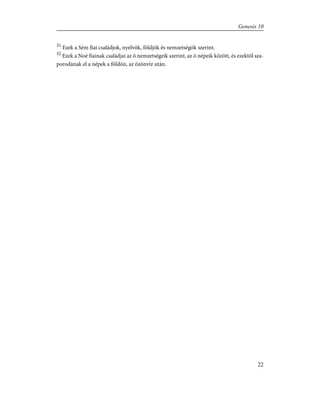 31
Ezek a Sém fiai családjok, nyelvök, földjök és nemzetségök szerint.
32
Ezek a Noé fiainak családjai az õ nemzetségeik szerint, az õ népeik között, és ezektõl sza-
porodának el a népek a földön, az özönvíz után.
22
Genesis 10
 