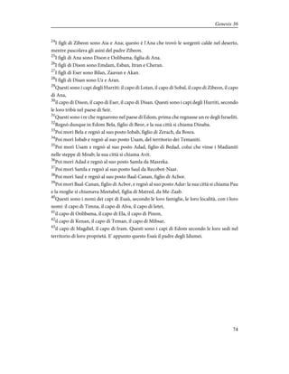24
I figli di Zibeon sono Aia e Ana; questo è l'Ana che trovò le sorgenti calde nel deserto,
mentre pascolava gli asini del padre Zibeon.
25
I figli di Ana sono Dison e Oolibama, figlia di Ana.
26
I figli di Dison sono Emdam, Esban, Itran e Cheran.
27
I figli di Eser sono Bilan, Zaavan e Akan.
28
I figli di Disan sono Uz e Aran.
29
Questi sono i capi degli Hurriti: il capo di Lotan, il capo di Sobal, il capo di Zibeon, il capo
di Ana,
30
il capo di Dison, il capo di Eser, il capo di Disan. Questi sono i capi degli Hurriti, secondo
le loro tribù nel paese di Seir.
31
Questi sono i re che regnarono nel paese di Edom, prima che regnasse un re degli Israeliti.
32
Regnò dunque in Edom Bela, figlio di Beor, e la sua città si chiama Dinaba.
33
Poi morì Bela e regnò al suo posto Iobab, figlio di Zerach, da Bosra.
34
Poi morì Iobab e regnò al suo posto Usam, del territorio dei Temaniti.
35
Poi morì Usam e regnò al suo posto Adad, figlio di Bedad, colui che vinse i Madianiti
nelle steppe di Moab; la sua città si chiama Avit.
36
Poi morì Adad e regnò al suo posto Samla da Masreka.
37
Poi morì Samla e regnò al suo posto Saul da Recobot-Naar.
38
Poi morì Saul e regnò al suo posto Baal-Canan, figlio di Acbor.
39
Poi morì Baal-Canan, figlio di Acbor, e regnò al suo posto Adar: la sua città si chiama Pau
e la moglie si chiamava Meetabel, figlia di Matred, da Me-Zaab.
40
Questi sono i nomi dei capi di Esaù, secondo le loro famiglie, le loro località, con i loro
nomi: il capo di Timna, il capo di Alva, il capo di Ietet,
41
il capo di Oolibama, il capo di Ela, il capo di Pinon,
42
il capo di Kenan, il capo di Teman, il capo di Mibsar,
43
il capo di Magdiel, il capo di Iram. Questi sono i capi di Edom secondo le loro sedi nel
territorio di loro proprietà. E' appunto questo Esaù il padre degli Idumei.
74
Genesis 36
 
