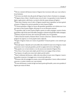 20
Chi tra i ministri del faraone temeva il Signore fece ricoverare nella casa i suoi schiavi e
il suo bestiame;
21
chi invece non diede retta alla parola del Signore lasciò schiavi e bestiame in campagna.
22
Il Signore disse a Mosè: «Stendi la mano verso il cielo: vi sia grandine in tutto il paese di
Egitto, sugli uomini, sulle bestie e su tutte le erbe dei campi nel paese di Egitto!».
23
Mosè stese il bastone verso il cielo e il Signore mandò tuoni e grandine; un fuoco guizzò
sul paese e il Signore fece piovere grandine su tutto il paese d'Egitto.
24
Ci furono grandine e folgori in mezzo alla grandine: grandinata così violenta non vi era
mai stata in tutto il paese d'Egitto, dal tempo in cui era diventato nazione!
25
La grandine colpì, in tutto il paese d'Egitto, quanto era nella campagna: uomini e bestie;
la grandine colpì anche tutta l'erba della campagna e schiantò tutti gli alberi della campagna.
26
Soltanto nel paese di Gosen, dove stavano gli Israeliti, non vi fu grandine.
27
Allora il faraone mandò a chiamare Mosè e Aronne e disse loro: «Questa volta ho peccato:
il Signore ha ragione; io e il mio popolo siamo colpevoli.
28
Pregate il Signore: basta con i tuoni e la grandine! Vi lascerò partire e non resterete qui
più oltre».
29
Mosè gli rispose: «Quando sarò uscito dalla città, stenderò le mani verso il Signore: i tuoni
cesseranno e non vi sarà più grandine, perché tu sappia che la terra è del Signore.
30
Ma quanto a te e ai tuoi ministri, io so che ancora non temerete il Signore Dio».
31
Ora il lino e l'orzo erano stati colpiti, perché l'orzo era in spiga e il lino in fiore;
32
ma il grano e la spelta non erano stati colpiti, perché tardivi.
33
Mosè si allontanò dal faraone e dalla città; stese allora le mani verso il Signore: i tuoni e
la grandine cessarono e la pioggia non si rovesciò più sulla terra.
34
Il faraone vide che la pioggia era cessata, come anche la grandine e i tuoni, e allora continuò
a peccare e si ostinò, insieme con i suoi ministri.
35
Il cuore del faraone si ostinò ed egli non lasciò partire gli Israeliti, come aveva predetto il
Signore per mezzo di Mosè.
121
Exodus 9
 