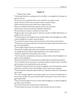 Chapter 25
1
Il Signore disse a Mosè:
2
«Ordina agli Israeliti che raccolgano per me un'offerta. La raccoglierete da chiunque sia
generoso di cuore.
3
Ed ecco che cosa raccoglierete da loro come contributo: oro, argento e rame,
4
tessuti di porpora viola e rossa, di scarlatto, di bisso e di pelo di capra,
5
pelle di montone tinta di rosso, pelle di tasso e legno di acacia,
6
olio per il candelabro, balsami per unguenti e per l'incenso aromatico,
7
pietre di ònice e pietre da incastonare nell'efod e nel pettorale.
8
Essi mi faranno un santuario e io abiterò in mezzo a loro.
9
Eseguirete ogni cosa secondo quanto ti mostrerò, secondo il modello della Dimora e il
modello di tutti i suoi arredi.
10
Faranno dunque un'arca di legno di acacia: avrà due cubiti e mezzo di lunghezza, un cubito
e mezzo di larghezza, un cubito e mezzo di altezza.
11
La rivestirai d'oro puro: dentro e fuori la rivestirai e le farai intorno un bordo d'oro.
12
Fonderai per essa quattro anelli d'oro e li fisserai ai suoi quattro piedi: due anelli su di un
lato e due anelli sull'altro.
13
Farai stanghe di legno di acacia e le rivestirai d'oro.
14
Introdurrai le stanghe negli anelli sui due lati dell'arca per trasportare l'arca con esse.
15
Le stanghe dovranno rimanere negli anelli dell'arca: non verranno tolte di lì.
16
Nell'arca collocherai la Testimonianza che io ti darò.
17
Farai il coperchio, o propiziatorio, d'oro puro; avrà due cubiti e mezzo di lunghezza e un
cubito e mezzo di larghezza.
18
Farai due cherubini d'oro: li farai lavorati a martello sulle due estremità del coperchio.
19
Fà un cherubino ad una estremità e un cherubino all'altra estremità. Farete i cherubini
tutti di un pezzo con il coperchio alle sue due estremità.
20
I cherubini avranno le due ali stese di sopra, proteggendo con le ali il coperchio; saranno
rivolti l'uno verso l'altro e le facce dei cherubini saranno rivolte verso il coperchio.
21
Porrai il coperchio sulla parte superiore dell'arca e collocherai nell'arca la Testimonianza
che io ti darò.
22
Io ti darò convegno appunto in quel luogo: parlerò con te da sopra il propiziatorio, in
mezzo ai due cherubini che saranno sull'arca della Testimonianza, ti darò i miei ordini ri-
guardo agli Israeliti.
23
Farai una tavola di legno di acacia: avrà due cubiti di lunghezza, un cubito di larghezza,
un cubito e mezzo di altezza.
24
La rivestirai d'oro puro e le farai intorno un bordo d'oro.
25
Le farai attorno una cornice di un palmo e farai un bordo d'oro per la cornice.
150
Exodus 25
 