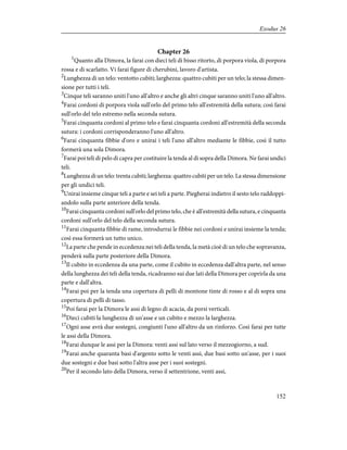 Chapter 26
1
Quanto alla Dimora, la farai con dieci teli di bisso ritorto, di porpora viola, di porpora
rossa e di scarlatto. Vi farai figure di cherubini, lavoro d'artista.
2
Lunghezza di un telo: ventotto cubiti; larghezza: quattro cubiti per un telo; la stessa dimen-
sione per tutti i teli.
3
Cinque teli saranno uniti l'uno all'altro e anche gli altri cinque saranno uniti l'uno all'altro.
4
Farai cordoni di porpora viola sull'orlo del primo telo all'estremità della sutura; così farai
sull'orlo del telo estremo nella seconda sutura.
5
Farai cinquanta cordoni al primo telo e farai cinquanta cordoni all'estremità della seconda
sutura: i cordoni corrisponderanno l'uno all'altro.
6
Farai cinquanta fibbie d'oro e unirai i teli l'uno all'altro mediante le fibbie, così il tutto
formerà una sola Dimora.
7
Farai poi teli di pelo di capra per costituire la tenda al di sopra della Dimora. Ne farai undici
teli.
8
Lunghezza di un telo: trenta cubiti; larghezza: quattro cubiti per un telo. La stessa dimensione
per gli undici teli.
9
Unirai insieme cinque teli a parte e sei teli a parte. Piegherai indietro il sesto telo raddoppi-
andolo sulla parte anteriore della tenda.
10
Farai cinquanta cordoni sull'orlo del primo telo, che è all'estremità della sutura, e cinquanta
cordoni sull'orlo del telo della seconda sutura.
11
Farai cinquanta fibbie di rame, introdurrai le fibbie nei cordoni e unirai insieme la tenda;
così essa formerà un tutto unico.
12
La parte che pende in eccedenza nei teli della tenda, la metà cioè di un telo che sopravanza,
penderà sulla parte posteriore della Dimora.
13
Il cubito in eccedenza da una parte, come il cubito in eccedenza dall'altra parte, nel senso
della lunghezza dei teli della tenda, ricadranno sui due lati della Dimora per coprirla da una
parte e dall'altra.
14
Farai poi per la tenda una copertura di pelli di montone tinte di rosso e al di sopra una
copertura di pelli di tasso.
15
Poi farai per la Dimora le assi di legno di acacia, da porsi verticali.
16
Dieci cubiti la lunghezza di un'asse e un cubito e mezzo la larghezza.
17
Ogni asse avrà due sostegni, congiunti l'uno all'altro da un rinforzo. Così farai per tutte
le assi della Dimora.
18
Farai dunque le assi per la Dimora: venti assi sul lato verso il mezzogiorno, a sud.
19
Farai anche quaranta basi d'argento sotto le venti assi, due basi sotto un'asse, per i suoi
due sostegni e due basi sotto l'altra asse per i suoi sostegni.
20
Per il secondo lato della Dimora, verso il settentrione, venti assi,
152
Exodus 26
 