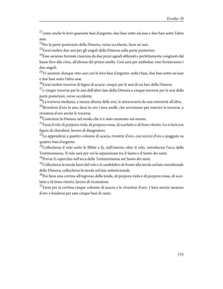 21
come anche le loro quaranta basi d'argento, due basi sotto un'asse e due basi sotto l'altra
asse.
22
Per la parte posteriore della Dimora, verso occidente, farai sei assi.
23
Farai inoltre due assi per gli angoli della Dimora sulla parte posteriore.
24
Esse saranno formate ciascuna da due pezzi uguali abbinati e perfettamente congiunti dal
basso fino alla cima, all'altezza del primo anello. Così sarà per ambedue: esse formeranno i
due angoli.
25
Vi saranno dunque otto assi con le loro basi d'argento: sedici basi, due basi sotto un'asse
e due basi sotto l'altra asse.
26
Farai inoltre traverse di legno di acacia: cinque per le assi di un lato della Dimora
27
e cinque traverse per le assi dell'altro lato della Dimora e cinque traverse per le assi della
parte posteriore, verso occidente.
28
La traversa mediana, a mezza altezza delle assi, le attraverserà da una estremità all'altra.
29
Rivestirai d'oro le assi, farai in oro i loro anelli, che serviranno per inserire le traverse, e
rivestirai d'oro anche le traverse.
30
Costruirai la Dimora nel modo che ti è stato mostrato sul monte.
31
Farai il velo di porpora viola, di porpora rossa, di scarlatto e di bisso ritorto. Lo si farà con
figure di cherubini, lavoro di disegnatore.
32
Lo appenderai a quattro colonne di acacia, rivestite d'oro, con uncini d'oro e poggiate su
quattro basi d'argento.
33
Collocherai il velo sotto le fibbie e là, nell'interno oltre il velo, introdurrai l'arca della
Testimonianza. Il velo sarà per voi la separazione tra il Santo e il Santo dei santi.
34
Porrai il coperchio sull'arca della Testimonianza nel Santo dei santi.
35
Collocherai la tavola fuori del velo e il candelabro di fronte alla tavola sul lato meridionale
della Dimora; collocherai la tavola sul lato settentrionale.
36
Poi farai una cortina all'ingresso della tenda, di porpora viola e di porpora rossa, di scar-
latto e di bisso ritorto, lavoro di ricamatore.
37
Farai per la cortina cinque colonne di acacia e le rivestirai d'oro. I loro uncini saranno
d'oro e fonderai per esse cinque basi di rame.
153
Exodus 26
 