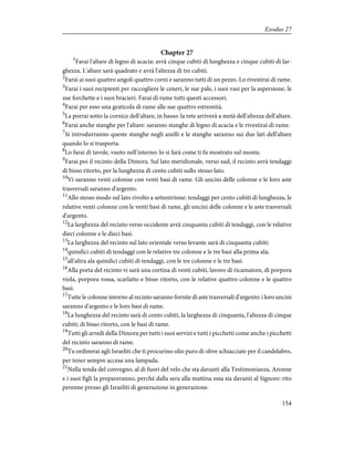 Chapter 27
1
Farai l'altare di legno di acacia: avrà cinque cubiti di lunghezza e cinque cubiti di lar-
ghezza. L'altare sarà quadrato e avrà l'altezza di tre cubiti.
2
Farai ai suoi quattro angoli quattro corni e saranno tutti di un pezzo. Lo rivestirai di rame.
3
Farai i suoi recipienti per raccogliere le ceneri, le sue pale, i suoi vasi per la aspersione, le
sue forchette e i suoi bracieri. Farai di rame tutti questi accessori.
4
Farai per esso una graticola di rame alle sue quattro estremità.
5
La porrai sotto la cornice dell'altare, in basso: la rete arriverà a metà dell'altezza dell'altare.
6
Farai anche stanghe per l'altare: saranno stanghe di legno di acacia e le rivestirai di rame.
7
Si introdurranno queste stanghe negli anelli e le stanghe saranno sui due lati dell'altare
quando lo si trasporta.
8
Lo farai di tavole, vuoto nell'interno: lo si farà come ti fu mostrato sul monte.
9
Farai poi il recinto della Dimora. Sul lato meridionale, verso sud, il recinto avrà tendaggi
di bisso ritorto, per la lunghezza di cento cubiti sullo stesso lato.
10
Vi saranno venti colonne con venti basi di rame. Gli uncini delle colonne e le loro aste
trasversali saranno d'argento.
11
Allo stesso modo sul lato rivolto a settentrione: tendaggi per cento cubiti di lunghezza, le
relative venti colonne con le venti basi di rame, gli uncini delle colonne e le aste trasversali
d'argento.
12
La larghezza del recinto verso occidente avrà cinquanta cubiti di tendaggi, con le relative
dieci colonne e le dieci basi.
13
La larghezza del recinto sul lato orientale verso levante sarà di cinquanta cubiti:
14
quindici cubiti di tendaggi con le relative tre colonne e le tre basi alla prima ala;
15
all'altra ala quindici cubiti di tendaggi, con le tre colonne e le tre basi.
16
Alla porta del recinto vi sarà una cortina di venti cubiti, lavoro di ricamatore, di porpora
viola, porpora rossa, scarlatto e bisso ritorto, con le relative quattro colonne e le quattro
basi.
17
Tutte le colonne intorno al recinto saranno fornite di aste trasversali d'argento: i loro uncini
saranno d'argento e le loro basi di rame.
18
La lunghezza del recinto sarà di cento cubiti, la larghezza di cinquanta, l'altezza di cinque
cubiti; di bisso ritorto, con le basi di rame.
19
Tutti gli arredi della Dimora per tutti i suoi servizi e tutti i picchetti come anche i picchetti
del recinto saranno di rame.
20
Tu ordinerai agli Israeliti che ti procurino olio puro di olive schiacciate per il candelabro,
per tener sempre accesa una lampada.
21
Nella tenda del convegno, al di fuori del velo che sta davanti alla Testimonianza, Aronne
e i suoi figli la prepareranno, perché dalla sera alla mattina essa sia davanti al Signore: rito
perenne presso gli Israeliti di generazione in generazione.
154
Exodus 27
 