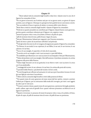Chapter 35
1
Mosè radunò tutta la comunità degli Israeliti e disse loro: «Queste sono le cose che il
Signore ha comandato di fare:
2
Per sei giorni si lavorerà, ma il settimo sarà per voi un giorno santo, un giorno di riposo
assoluto, sacro al Signore. Chiunque in quel giorno farà qualche lavoro sarà messo a morte.
3
Non accenderete il fuoco in giorno di sabato, in nessuna delle vostre dimore».
4
Mosè disse a tutta la comunità degli Israeliti: «Questo il Signore ha comandato:
5
Prelevate su quanto possedete un contributo per il Signore. Quanti hanno cuore generoso,
portino questo contributo volontario per il Signore: oro, argento e rame,
6
tessuti di porpora viola e rossa, di scarlatto, di bisso e di pelo di capra,
7
pelli di montone tinte di rosso, pelli di tasso e legno di acacia,
8
olio per l'illuminazione, balsami per unguenti e per l'incenso aromatico,
9
pietre di ònice e pietre da incastonare nell'efod e nel pettorale.
10
Tutti gli artisti che sono tra di voi vengano ed eseguiscano quanto il Signore ha comandato:
11
la Dimora, la sua tenda, la sua copertura, le sue fibbie, le sue assi, le sue traverse, le sue
colonne e le sue basi,
12
l'arca e le sue stanghe, il coperchio e il velo che lo nasconde,
13
la tavola con le sue stanghe e tutti i suoi accessori e i pani dell'offerta,
14
il candelabro per illuminare con i suoi accessori, le sue lampade e l'olio per l'illuminazione,
15
l'altare dei profumi con le sue stanghe, l'olio dell'unzione e il profumo aromatico, la cortina
d'ingresso alla porta della Dimora,
16
l'altare degli olocausti con la sua graticola, le sue sbarre e tutti i suoi accessori, la conca
con il suo piedestallo,
17
i tendaggi del recinto, le sue colonne e le sue basi e la cortina alla porta del recinto,
18
i picchetti della Dimora, i picchetti del recinto e le loro corde,
19
le vesti liturgiche per officiare nel santuario, le vesti sacre per il sacerdote Aronne e le vesti
dei suoi figli per esercitare il sacerdozio».
20
Allora tutta la comunità degli Israeliti si ritirò dalla presenza di Mosè.
21
Poi quanti erano di cuore generoso ed erano mossi dal loro spirito, vennero a portare
l'offerta per il Signore, per la costruzione della tenda del convegno, per tutti i suoi oggetti
di culto e per le vesti sacre.
22
Vennero uomini e donne, quanti erano di cuore generoso, e portarono fermagli, pendenti,
anelli, collane, ogni sorta di gioielli d'oro: quanti volevano presentare un'offerta di oro al
Signore la portarono.
23
Quanti si trovavano in possesso di tessuti di porpora viola e rossa, di scarlatto, di bisso,
di pelo di capra, di pelli di montone tinte di rosso e di pelli di tasso ne portarono.
170
Exodus 35
 
