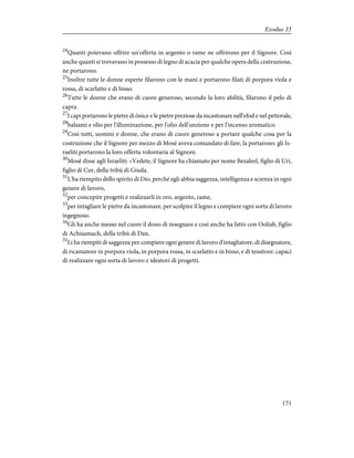 24
Quanti potevano offrire un'offerta in argento o rame ne offrirono per il Signore. Così
anche quanti si trovavano in possesso di legno di acacia per qualche opera della costruzione,
ne portarono.
25
Inoltre tutte le donne esperte filarono con le mani e portarono filati di porpora viola e
rossa, di scarlatto e di bisso.
26
Tutte le donne che erano di cuore generoso, secondo la loro abilità, filarono il pelo di
capra.
27
I capi portarono le pietre di ònice e le pietre preziose da incastonare nell'efod e nel pettorale,
28
balsami e olio per l'illuminazione, per l'olio dell'unzione e per l'incenso aromatico.
29
Così tutti, uomini e donne, che erano di cuore generoso a portare qualche cosa per la
costruzione che il Signore per mezzo di Mosè aveva comandato di fare, la portarono: gli Is-
raeliti portarono la loro offerta volontaria al Signore.
30
Mosè disse agli Israeliti: «Vedete, il Signore ha chiamato per nome Bezaleel, figlio di Uri,
figlio di Cur, della tribù di Giuda.
31
L'ha riempito dello spirito di Dio, perché egli abbia saggezza, intelligenza e scienza in ogni
genere di lavoro,
32
per concepire progetti e realizzarli in oro, argento, rame,
33
per intagliare le pietre da incastonare, per scolpire il legno e compiere ogni sorta di lavoro
ingegnoso.
34
Gli ha anche messo nel cuore il dono di insegnare e così anche ha fatto con Ooliab, figlio
di Achisamach, della tribù di Dan.
35
Li ha riempiti di saggezza per compiere ogni genere di lavoro d'intagliatore, di disegnatore,
di ricamatore in porpora viola, in porpora rossa, in scarlatto e in bisso, e di tessitore: capaci
di realizzare ogni sorta di lavoro e ideatori di progetti.
171
Exodus 35
 