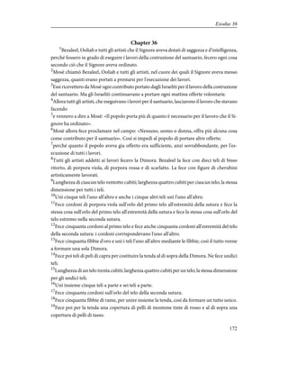 Chapter 36
1
Bezaleel, Ooliab e tutti gli artisti che il Signore aveva dotati di saggezza e d'intelligenza,
perché fossero in grado di eseguire i lavori della costruzione del santuario, fecero ogni cosa
secondo ciò che il Signore aveva ordinato.
2
Mosè chiamò Bezaleel, Ooliab e tutti gli artisti, nel cuore dei quali il Signore aveva messo
saggezza, quanti erano portati a prestarsi per l'esecuzione dei lavori.
3
Essi ricevettero da Mosè ogni contributo portato dagli Israeliti per il lavoro della costruzione
del santuario. Ma gli Israeliti continuavano a portare ogni mattina offerte volontarie.
4
Allora tutti gli artisti, che eseguivano i lavori per il santuario, lasciarono il lavoro che stavano
facendo
5
e vennero a dire a Mosè: «Il popolo porta più di quanto è necessario per il lavoro che il Si-
gnore ha ordinato».
6
Mosè allora fece proclamare nel campo: «Nessuno, uomo o donna, offra più alcuna cosa
come contributo per il santuario». Così si impedì al popolo di portare altre offerte;
7
perché quanto il popolo aveva gia offerto era sufficiente, anzi sovrabbondante, per l'es-
ecuzione di tutti i lavori.
8
Tutti gli artisti addetti ai lavori fecero la Dimora. Bezaleel la fece con dieci teli di bisso
ritorto, di porpora viola, di porpora rossa e di scarlatto. La fece con figure di cherubini
artisticamente lavorati.
9
Lunghezza di ciascun telo ventotto cubiti; larghezza quattro cubiti per ciascun telo; la stessa
dimensione per tutti i teli.
10
Unì cinque teli l'uno all'altro e anche i cinque altri teli unì l'uno all'altro.
11
Fece cordoni di porpora viola sull'orlo del primo telo all'estremità della sutura e fece la
stessa cosa sull'orlo del primo telo all'estremità della sutura e fece la stessa cosa sull'orlo del
telo estremo nella seconda sutura.
12
Fece cinquanta cordoni al primo telo e fece anche cinquanta cordoni all'estremità del telo
della seconda sutura: i cordoni corrispondevano l'uno all'altro.
13
Fece cinquanta fibbie d'oro e unì i teli l'uno all'altro mediante le fibbie; così il tutto venne
a formare una sola Dimora.
14
Fece poi teli di peli di capra per costituire la tenda al di sopra della Dimora. Ne fece undici
teli.
15
Lunghezza di un telo trenta cubiti; larghezza quattro cubiti per un telo; la stessa dimensione
per gli undici teli.
16
Unì insieme cinque teli a parte e sei teli a parte.
17
Fece cinquanta cordoni sull'orlo del telo della seconda sutura.
18
Fece cinquanta fibbie di rame, per unire insieme la tenda, così da formare un tutto unico.
19
Fece poi per la tenda una copertura di pelli di montone tinte di rosso e al di sopra una
copertura di pelli di tasso.
172
Exodus 36
 