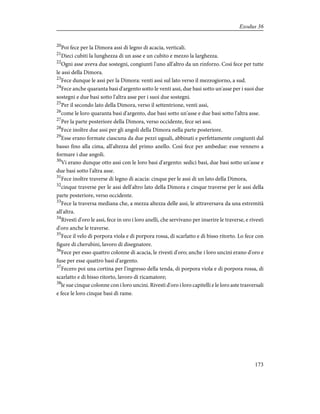 20
Poi fece per la Dimora assi di legno di acacia, verticali.
21
Dieci cubiti la lunghezza di un asse e un cubito e mezzo la larghezza.
22
Ogni asse aveva due sostegni, congiunti l'uno all'altro da un rinforzo. Così fece per tutte
le assi della Dimora.
23
Fece dunque le assi per la Dimora: venti assi sul lato verso il mezzogiorno, a sud.
24
Fece anche quaranta basi d'argento sotto le venti assi, due basi sotto un'asse per i suoi due
sostegni e due basi sotto l'altra asse per i suoi due sostegni.
25
Per il secondo lato della Dimora, verso il settentrione, venti assi,
26
come le loro quaranta basi d'argento, due basi sotto un'asse e due basi sotto l'altra asse.
27
Per la parte posteriore della Dimora, verso occidente, fece sei assi.
28
Fece inoltre due assi per gli angoli della Dimora nella parte posteriore.
29
Esse erano formate ciascuna da due pezzi uguali, abbinati e perfettamente congiunti dal
basso fino alla cima, all'altezza del primo anello. Così fece per ambedue: esse vennero a
formare i due angoli.
30
Vi erano dunque otto assi con le loro basi d'argento: sedici basi, due basi sotto un'asse e
due basi sotto l'altra asse.
31
Fece inoltre traverse di legno di acacia: cinque per le assi di un lato della Dimora,
32
cinque traverse per le assi dell'altro lato della Dimora e cinque traverse per le assi della
parte posteriore, verso occidente.
33
Fece la traversa mediana che, a mezza altezza delle assi, le attraversava da una estremità
all'altra.
34
Rivestì d'oro le assi, fece in oro i loro anelli, che servivano per inserire le traverse, e rivestì
d'oro anche le traverse.
35
Fece il velo di porpora viola e di porpora rossa, di scarlatto e di bisso ritorto. Lo fece con
figure di cherubini, lavoro di disegnatore.
36
Fece per esso quattro colonne di acacia, le rivestì d'oro; anche i loro uncini erano d'oro e
fuse per esse quattro basi d'argento.
37
Fecero poi una cortina per l'ingresso della tenda, di porpora viola e di porpora rossa, di
scarlatto e di bisso ritorto, lavoro di ricamatore;
38
le sue cinque colonne con i loro uncini. Rivestì d'oro i loro capitelli e le loro aste trasversali
e fece le loro cinque basi di rame.
173
Exodus 36
 