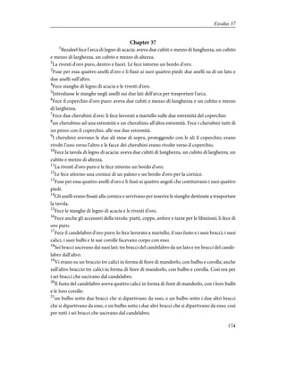 Chapter 37
1
Bezaleel fece l'arca di legno di acacia: aveva due cubiti e mezzo di lunghezza, un cubito
e mezzo di larghezza, un cubito e mezzo di altezza.
2
La rivestì d'oro puro, dentro e fuori. Le fece intorno un bordo d'oro.
3
Fuse per essa quattro anelli d'oro e li fissò ai suoi quattro piedi: due anelli su di un lato e
due anelli sull'altro.
4
Fece stanghe di legno di acacia e le rivestì d'oro.
5
Introdusse le stanghe negli anelli sui due lati dell'arca per trasportare l'arca.
6
Fece il coperchio d'oro puro: aveva due cubiti e mezzo di lunghezza e un cubito e mezzo
di larghezza.
7
Fece due cherubini d'oro: li fece lavorati a martello sulle due estremità del coperchio:
8
un cherubino ad una estremità e un cherubino all'altra estremità. Fece i cherubini tutti di
un pezzo con il coperchio, alle sue due estremità.
9
I cherubini avevano le due ali stese di sopra, proteggendo con le ali il coperchio; erano
rivolti l'uno verso l'altro e le facce dei cherubini erano rivolte verso il coperchio.
10
Fece la tavola di legno di acacia: aveva due cubiti di lunghezza, un cubito di larghezza, un
cubito e mezzo di altezza.
11
La rivestì d'oro puro e le fece intorno un bordo d'oro.
12
Le fece attorno una cornice di un palmo e un bordo d'oro per la cornice.
13
Fuse per essa quattro anelli d'oro e li fissò ai quattro angoli che costituivano i suoi quattro
piedi.
14
Gli anelli erano fissati alla cornice e servivano per inserire le stanghe destinate a trasportare
la tavola.
15
Fece le stanghe di legno di acacia e le rivestì d'oro.
16
Fece anche gli accessori della tavola: piatti, coppe, anfore e tazze per le libazioni; li fece di
oro puro.
17
Fece il candelabro d'oro puro; lo fece lavorato a martello, il suo fusto e i suoi bracci; i suoi
calici, i suoi bulbi e le sue corolle facevano corpo con esso.
18
Sei bracci uscivano dai suoi lati: tre bracci del candelabro da un lato e tre bracci del cande-
labro dall'altro.
19
Vi erano su un braccio tre calici in forma di fiore di mandorlo, con bulbo e corolla; anche
sull'altro braccio tre calici in forma di fiore di mandorlo, con bulbo e corolla. Così era per
i sei bracci che uscivano dal candelabro.
20
Il fusto del candelabro aveva quattro calici in forma di fiore di mandorlo, con i loro bulbi
e le loro corolle:
21
un bulbo sotto due bracci che si dipartivano da esso, e un bulbo sotto i due altri bracci
che si dipartivano da esso, e un bulbo sotto i due altri bracci che si dipartivano da esso; così
per tutti i sei bracci che uscivano dal candelabro.
174
Exodus 37
 