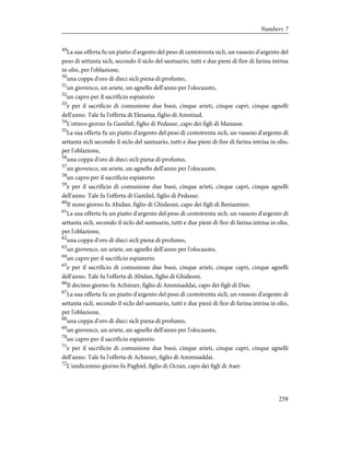 49
La sua offerta fu un piatto d'argento del peso di centotrenta sicli, un vassoio d'argento del
peso di settanta sicli, secondo il siclo del santuario, tutti e due pieni di fior di farina intrisa
in olio, per l'oblazione,
50
una coppa d'oro di dieci sicli piena di profumo,
51
un giovenco, un ariete, un agnello dell'anno per l'olocausto,
52
un capro per il sacrificio espiatorio
53
e per il sacrificio di comunione due buoi, cinque arieti, cinque capri, cinque agnelli
dell'anno. Tale fu l'offerta di Elesama, figlio di Ammiud.
54
L'ottavo giorno fu Gamliel, figlio di Pedasur, capo dei figli di Manasse.
55
La sua offerta fu un piatto d'argento del peso di centotrenta sicli, un vassoio d'argento di
settanta sicli secondo il siclo del santuario, tutti e due pieni di fior di farina intrisa in olio,
per l'oblazione,
56
una coppa d'oro di dieci sicli piena di profumo,
57
un giovenco, un ariete, un agnello dell'anno per l'olocausto,
58
un capro per il sacrificio espiatorio
59
e per il sacrificio di comunione due buoi, cinque arieti, cinque capri, cinque agnelli
dell'anno. Tale fu l'offerta di Gamliel, figlio di Pedasur.
60
Il nono giorno fu Abidan, figlio di Ghideoni, capo dei figli di Beniamino.
61
La sua offerta fu un piatto d'argento del peso di centotrenta sicli, un vassoio d'argento di
settanta sicli, secondo il siclo del santuario, tutti e due pieni di fior di farina intrisa in olio,
per l'oblazione,
62
una coppa d'oro di dieci sicli piena di profumo,
63
un giovenco, un ariete, un agnello dell'anno per l'olocausto,
64
un capro per il sacrificio espiatorio
65
e per il sacrificio di comunione due buoi, cinque arieti, cinque capri, cinque agnelli
dell'anno. Tale fu l'offerta di Abidan, figlio di Ghideoni.
66
Il decimo giorno fu Achiezer, figlio di Ammisaddai, capo dei figli di Dan.
67
La sua offerta fu un piatto d'argento del peso di centotrenta sicli, un vassoio d'argento di
settanta sicli, secondo il siclo del santuario, tutti e due pieni di fior di farina intrisa in olio,
per l'oblazione,
68
una coppa d'oro di dieci sicli piena di profumo,
69
un giovenco, un ariete, un agnello dell'anno per l'olocausto,
70
un capro per il sacrificio espiatorio
71
e per il sacrificio di comunione due buoi, cinque arieti, cinque capri, cinque agnelli
dell'anno. Tale fu l'offerta di Achiezer, figlio di Ammisaddai.
72
L'undicesimo giorno fu Paghiel, figlio di Ocran, capo dei figli di Aser.
258
Numbers 7
 