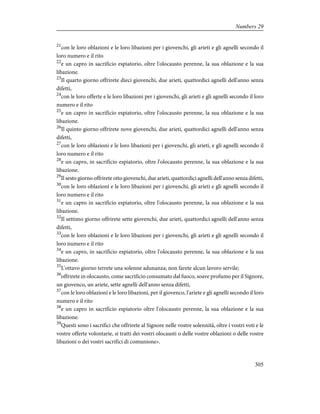 21
con le loro oblazioni e le loro libazioni per i giovenchi, gli arieti e gli agnelli secondo il
loro numero e il rito
22
e un capro in sacrificio espiatorio, oltre l'olocausto perenne, la sua oblazione e la sua
libazione.
23
Il quarto giorno offrirete dieci giovenchi, due arieti, quattordici agnelli dell'anno senza
difetti,
24
con le loro offerte e le loro libazioni per i giovenchi, gli arieti e gli agnelli secondo il loro
numero e il rito
25
e un capro in sacrificio espiatorio, oltre l'olocausto perenne, la sua oblazione e la sua
libazione.
26
Il quinto giorno offrirete nove giovenchi, due arieti, quattordici agnelli dell'anno senza
difetti,
27
con le loro oblazioni e le loro libazioni per i giovenchi, gli arieti, e gli agnelli secondo il
loro numero e il rito
28
e un capro, in sacrificio espiatorio, oltre l'olocausto perenne, la sua oblazione e la sua
libazione.
29
Il sesto giorno offrirete otto giovenchi, due arieti, quattordici agnelli dell'anno senza difetti,
30
con le loro oblazioni e le loro libazioni per i giovenchi, gli arieti e gli agnelli secondo il
loro numero e il rito
31
e un capro in sacrificio espiatorio, oltre l'olocausto perenne, la sua oblazione e la sua
libazione.
32
Il settimo giorno offrirete sette giovenchi, due arieti, quattordici agnelli dell'anno senza
difetti,
33
con le loro oblazioni e le loro libazioni per i giovenchi, gli arieti e gli agnelli secondo il
loro numero e il rito
34
e un capro, in sacrificio espiatorio, oltre l'olocausto perenne, la sua oblazione e la sua
libazione.
35
L'ottavo giorno terrete una solenne adunanza; non farete alcun lavoro servile;
36
offrirete in olocausto, come sacrificio consumato dal fuoco, soave profumo per il Signore,
un giovenco, un ariete, sette agnelli dell'anno senza difetti,
37
con le loro oblazioni e le loro libazioni, per il giovenco, l'ariete e gli agnelli secondo il loro
numero e il rito
38
e un capro in sacrificio espiatorio oltre l'olocausto perenne, la sua oblazione e la sua
libazione.
39
Questi sono i sacrifici che offrirete al Signore nelle vostre solennità, oltre i vostri voti e le
vostre offerte volontarie, si tratti dei vostri olocausti o delle vostre oblazioni o delle vostre
libazioni o dei vostri sacrifici di comunione».
305
Numbers 29
 