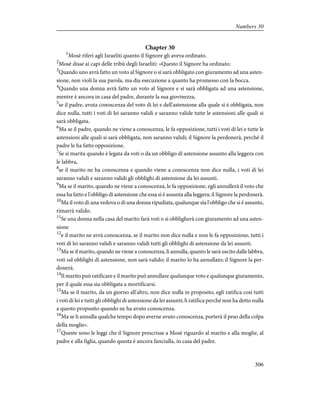 Chapter 30
1
Mosè riferì agli Israeliti quanto il Signore gli aveva ordinato.
2
Mosè disse ai capi delle tribù degli Israeliti: «Questo il Signore ha ordinato:
3
Quando uno avrà fatto un voto al Signore o si sarà obbligato con giuramento ad una asten-
sione, non violi la sua parola, ma dia esecuzione a quanto ha promesso con la bocca.
4
Quando una donna avrà fatto un voto al Signore e si sarà obbligata ad una astensione,
mentre è ancora in casa del padre, durante la sua giovinezza,
5
se il padre, avuta conoscenza del voto di lei e dell'astensione alla quale si è obbligata, non
dice nulla, tutti i voti di lei saranno validi e saranno valide tutte le astensioni alle quali si
sarà obbligata.
6
Ma se il padre, quando ne viene a conoscenza, le fa opposizione, tutti i voti di lei e tutte le
astensioni alle quali si sarà obbligata, non saranno validi; il Signore la perdonerà, perché il
padre le ha fatto opposizione.
7
Se si marita quando è legata da voti o da un obbligo di astensione assunto alla leggera con
le labbra,
8
se il marito ne ha conoscenza e quando viene a conoscenza non dice nulla, i voti di lei
saranno validi e saranno validi gli obblighi di astensione da lei assunti.
9
Ma se il marito, quando ne viene a conoscenza, le fa opposizione, egli annullerà il voto che
essa ha fatto e l'obbligo di astensione che essa si è assunta alla leggera; il Signore la perdonerà.
10
Ma il voto di una vedova o di una donna ripudiata, qualunque sia l'obbligo che si è assunto,
rimarrà valido.
11
Se una donna nella casa del marito farà voti o si obbligherà con giuramento ad una asten-
sione
12
e il marito ne avrà conoscenza, se il marito non dice nulla e non le fa opposizione, tutti i
voti di lei saranno validi e saranno validi tutti gli obblighi di astensione da lei assunti.
13
Ma se il marito, quando ne viene a conoscenza, li annulla, quanto le sarà uscito dalle labbra,
voti od obblighi di astensione, non sarà valido; il marito lo ha annullato; il Signore la per-
donerà.
14
Il marito può ratificare e il marito può annullare qualunque voto e qualunque giuramento,
per il quale essa sia obbligata a mortificarsi.
15
Ma se il marito, da un giorno all'altro, non dice nulla in proposito, egli ratifica così tutti
i voti di lei e tutti gli obblighi di astensione da lei assunti; li ratifica perché non ha detto nulla
a questo proposito quando ne ha avuto conoscenza.
16
Ma se li annulla qualche tempo dopo averne avuto conoscenza, porterà il peso della colpa
della moglie».
17
Queste sono le leggi che il Signore prescrisse a Mosè riguardo al marito e alla moglie, al
padre e alla figlia, quando questa è ancora fanciulla, in casa del padre.
306
Numbers 30
 