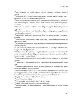 20
Allora Mosè disse loro: «Se fate questo, se vi armate per andare a combattere davanti al
Signore,
21
se tutti quelli di voi che si armeranno passeranno il Giordano davanti al Signore finché
egli abbia scacciato i suoi nemici dalla sua presenza,
22
se non tornerete fin quando il paese vi sarà sottomesso davanti al Signore, voi sarete inno-
centi di fronte al Signore e di fronte a Israele e questo paese sarà vostra proprietà alla presenza
del Signore.
23
Ma, se non fate così, voi peccherete contro il Signore; sappiate che il vostro peccato vi
raggiungerà.
24
Costruitevi pure città per i vostri fanciulli e ovili per i vostri greggi, ma fate quello che la
vostra bocca ha promesso».
25
I figli di Gad e i figli di Ruben dissero a Mosè: «I tuoi servi faranno quello che il mio signore
comanda.
26
I nostri fanciulli, le nostre mogli, i nostri greggi e tutto il nostro bestiame rimarranno qui
nelle città di Gàlaad;
27
ma i tuoi servi, tutti armati per la guerra, andranno a combattere davanti al Signore, come
dice il mio signore».
28
Allora Mosè diede per loro ordini al sacerdote Eleazaro, a Giosuè figlio di Nun e ai capi-
famiglia delle tribù degli Israeliti.
29
Mosè disse loro: «Se i figli di Gad e i figli di Ruben passeranno con voi il Giordano tutti
armati per combattere davanti al Signore e se il paese sarà sottomesso davanti a voi, darete
loro in proprietà il paese di Gàlaad.
30
Ma se non passano armati con voi, avranno la loro proprietà in mezzo a voi nel paese di
Canaan».
31
I figli di Gad e i figli di Ruben risposero: «Faremo come il Signore ha ordinato ai tuoi
servi.
32
Passeremo in armi davanti al Signore nel paese di Canaan, ma il possesso della nostra
eredità resti per noi di qua dal Giordano».
33
Mosè dunque diede ai figli di Gad e ai figli di Ruben e a metà della tribù di Manàsse, figlio
di Giuseppe, il regno di Sicon, re degli Amorrei, e il regno di Og, re di Basan: il paese con
le sue città comprese entro i confini, le città del paese che si stendeva intorno.
34
I figli di Gad ricostruirono Dibon, Atarot, Aroer,
35
Aterot-Sofan, Iazer, Iogbea,
36
Bet-Nimra e Bet-Aran, fortezze, e fecero ovili per i greggi.
37
I figli di Ruben ricostruirono Chesbon, Eleale, Kiriataim,
38
Nebo e Baal-Meon, i cui nomi furono mutati, e Sibma e diedero nomi alle città che avevano
ricostruite.
311
Numbers 32
 