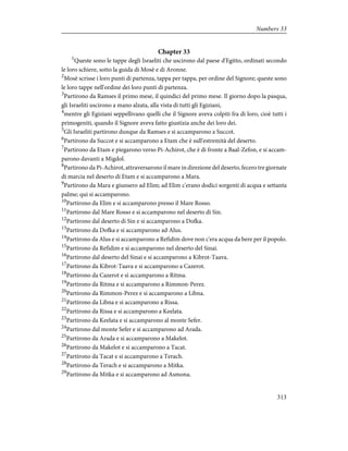 Chapter 33
1
Queste sono le tappe degli Israeliti che uscirono dal paese d'Egitto, ordinati secondo
le loro schiere, sotto la guida di Mosè e di Aronne.
2
Mosè scrisse i loro punti di partenza, tappa per tappa, per ordine del Signore; queste sono
le loro tappe nell'ordine dei loro punti di partenza.
3
Partirono da Ramses il primo mese, il quindici del primo mese. Il giorno dopo la pasqua,
gli Israeliti uscirono a mano alzata, alla vista di tutti gli Egiziani,
4
mentre gli Egiziani seppellivano quelli che il Signore aveva colpiti fra di loro, cioè tutti i
primogeniti, quando il Signore aveva fatto giustizia anche dei loro dei.
5
Gli Israeliti partirono dunque da Ramses e si accamparono a Succot.
6
Partirono da Succot e si accamparono a Etam che è sull'estremità del deserto.
7
Partirono da Etam e piegarono verso Pi-Achirot, che è di fronte a Baal-Zefon, e si accam-
parono davanti a Migdol.
8
Partirono da Pi-Achirot, attraversarono il mare in direzione del deserto, fecero tre giornate
di marcia nel deserto di Etam e si accamparono a Mara.
9
Partirono da Mara e giunsero ad Elim; ad Elim c'erano dodici sorgenti di acqua e settanta
palme; qui si accamparono.
10
Partirono da Elim e si accamparono presso il Mare Rosso.
11
Partirono dal Mare Rosso e si accamparono nel deserto di Sin.
12
Partirono dal deserto di Sin e si accamparono a Dofka.
13
Partirono da Dofka e si accamparono ad Alus.
14
Partirono da Alus e si accamparono a Refidim dove non c'era acqua da bere per il popolo.
15
Partirono da Refidim e si accamparono nel deserto del Sinai.
16
Partirono dal deserto del Sinai e si accamparono a Kibrot-Taava.
17
Partirono da Kibrot-Taava e si accamparono a Cazerot.
18
Partirono da Cazerot e si accamparono a Ritma.
19
Partirono da Ritma e si accamparono a Rimmon-Perez.
20
Partirono da Rimmon-Perez e si accamparono a Libna.
21
Partirono da Libna e si accamparono a Rissa.
22
Partirono da Rissa e si accamparono a Keelata.
23
Partirono da Keelata e si accamparono al monte Sefer.
24
Partirono dal monte Sefer e si accamparono ad Arada.
25
Partirono da Arada e si accamparono a Makelot.
26
Partirono da Makelot e si accamparono a Tacat.
27
Partirono da Tacat e si accamparono a Terach.
28
Partirono da Terach e si accamparono a Mitka.
29
Partirono da Mitka e si accamparono ad Asmona.
313
Numbers 33
 