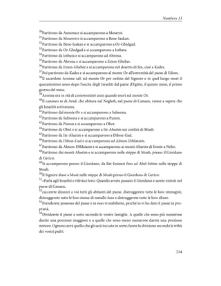 30
Partirono da Asmona e si accamparono a Moserot.
31
Partirono da Moserot e si accamparono a Bene-Iaakan.
32
Partirono da Bene-Iaakan e si accamparono a Or-Ghidgad.
33
Partirono da Or-Ghidgad e si accamparono a Iotbata.
34
Partirono da Iotbata e si accamparono ad Abrona.
35
Partirono da Abrona e si accamparono a Ezion-Gheber.
36
Partirono da Ezion-Gheber e si accamparono nel deserto di Sin, cioè a Kades.
37
Poi partirono da Kades e si accamparono al monte Or all'estremità del paese di Edom.
38
Il sacerdote Aronne salì sul monte Or per ordine del Signore e in quel luogo morì il
quarantesimo anno dopo l'uscita degli Israeliti dal paese d'Egitto, il quinto mese, il primo
giorno del mese.
39
Aronne era in età di centoventitrè anni quando morì sul monte Or.
40
Il cananeo re di Arad, che abitava nel Negheb, nel paese di Canaan, venne a sapere che
gli Israeliti arrivavano.
41
Partirono dal monte Or e si accamparono a Salmona.
42
Partirono da Salmona e si accamparono a Punon.
43
Partirono da Punon e si accamparono a Obot.
44
Partirono da Obot e si accamparono a Iie-Abarim sui confini di Moab.
45
Partirono da Iie-Abarim e si accamparono a Dibon-Gad.
46
Partirono da Dibon-Gad e si accamparono ad Almon-Diblataim.
47
Partirono da Almon-Diblataim e si accamparono ai monti Abarim di fronte a Nebo.
48
Partirono dai monti Abarim e si accamparono nelle steppe di Moab, presso il Giordano
di Gerico.
49
Si accamparono presso il Giordano, da Bet-Iesimot fino ad Abel-Sittim nelle steppe di
Moab.
50
Il Signore disse a Mosè nelle steppe di Moab presso il Giordano di Gerico:
51
«Parla agli Israeliti e riferisci loro: Quando avrete passato il Giordano e sarete entrati nel
paese di Canaan,
52
caccerete dinanzi a voi tutti gli abitanti del paese, distruggerete tutte le loro immagini,
distruggerete tutte le loro statue di metallo fuso e distruggerete tutte le loro alture.
53
Prenderete possesso del paese e in esso vi stabilirete, perché io vi ho dato il paese in pro-
prietà.
54
Dividerete il paese a sorte secondo le vostre famiglie. A quelle che sono più numerose
darete una porzione maggiore e a quelle che sono meno numerose darete una porzione
minore. Ognuno avrà quello che gli sarà toccato in sorte; farete la divisione secondo le tribù
dei vostri padri.
314
Numbers 33
 