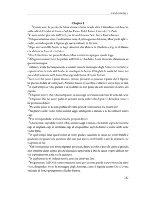Chapter 1
1
Queste sono le parole che Mosè rivolse a tutto Israele oltre il Giordano, nel deserto,
nella valle dell'Araba, di fronte a Suf, tra Paran, Tofel, Laban, Cazerot e Di-Zaab.
2
Vi sono undici giornate dall'Oreb, per la via del monte Seir, fino a Kades-Barnea.
3
Nel quarantesimo anno, l'undicesimo mese, il primo giorno del mese, Mosè parlò agli Is-
raeliti, secondo quanto il Signore gli aveva ordinato di dir loro.
4
Dopo aver sconfitto Sicon, re degli Amorrei, che abitava in Chesbon, e Og, re di Basan,
che abitava in Astarot e in Edrei,
5
oltre il Giordano, nel paese di Moab, Mosè cominciò a spiegare questa legge:
6
«Il Signore nostro Dio ci ha parlato sull'Oreb e ci ha detto: Avete dimorato abbastanza su
questa montagna;
7
voltatevi, levate l'accampamento e andate verso le montagne degli Amorrei e in tutte le
regioni vicine: la valle dell'Araba, le montagne, la Sefela, il Negheb, la costa del mare, nel
paese dei Cananei e nel Libano, fino al grande fiume, il fiume Eufrate.
8
Ecco, io vi ho posto il paese dinanzi; entrate, prendete in possesso il paese che il Signore
ha giurato di dare ai vostri padri, Abramo, Isacco e Giacobbe, e alla loro stirpe dopo di essi.
9
In quel tempo io vi ho parlato e vi ho detto: Io non posso da solo sostenere il carico del
popolo.
10
Il Signore vostro Dio vi ha moltiplicati ed ecco oggi siete numerosi come le stelle del cielo.
11
Il Signore, Dio dei vostri padri, vi aumenti anche mille volte di più e vi benedica come vi
ha promesso di fare.
12
Ma come posso io da solo portare il vostro peso, il vostro carico e le vostre liti?
13
Sceglietevi nelle vostre tribù uomini saggi, intelligenti e stimati, e io li costituirò vostri
capi.
14
Voi mi rispondeste: Va bene ciò che proponi di fare.
15
Allora presi i capi delle vostre tribù, uomini saggi e stimati, e li stabilii sopra di voi come
capi di migliaia, capi di centinaia, capi di cinquantine, capi di decine, e come scribi nelle
vostre tribù.
16
In quel tempo diedi quest'ordine ai vostri giudici: Ascoltate le cause dei vostri fratelli e
giudicate con giustizia le questioni che uno può avere con il fratello o con lo straniero che
sta presso di lui.
17
Nei vostri giudizi non avrete riguardi personali, darete ascolto al piccolo come al grande;
non temerete alcun uomo, poiché il giudizio appartiene a Dio; le cause troppo difficili per
voi le presenterete a me e io le ascolterò.
18
In quel tempo io vi ordinai tutte le cose che dovevate fare.
19
Poi partimmo dall'Oreb e attraversammo tutto quel deserto grande e spaventoso che avete
visto, dirigendoci verso le montagne degli Amorrei, come il Signore nostro Dio ci aveva
ordinato di fare, e giungemmo a Kades-Barnea.
322
Deuteronomy 1
 