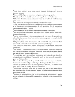 40
Avrai oliveti in tutto il tuo territorio, ma non ti ungerai di olio, perché le tue olive
cadranno immature.
41
Genererai figli e figlie, ma non saranno tuoi, perché andranno in prigionia.
42
Tutti i tuoi alberi e il frutto del tuo suolo saranno preda di un esercito d'insetti.
43
Il forestiero che sarà in mezzo a te si innalzerà sempre più sopra di te e tu scenderai sempre
più in basso.
44
Egli presterà a te e tu non presterai a lui; egli sarà in testa e tu in coda.
45
Tutte queste maledizioni verranno su di te, ti perseguiteranno e ti raggiungeranno, finché
tu sia distrutto, perché non avrai obbedito alla voce del Signore tuo Dio, osservando i
comandi e le leggi che egli ti ha dato.
46
Esse per te e per la tua discendenza saranno sempre un segno e un prodigio.
47
Poiché non avrai servito il Signore tuo Dio con gioia e di buon cuore in mezzo all'ab-
bondanza di ogni cosa,
48
servirai i tuoi nemici, che il Signore manderà contro di te, in mezzo alla fame, alla sete,
alla nudità e alla mancanza di ogni cosa; essi ti metteranno un giogo di ferro sul collo, finché
ti abbiano distrutto.
49
Il Signore solleverà contro di te da lontano, dalle estremità della terra, una nazione che si
slancia a volo come aquila: una nazione della quale non capirai la lingua,
50
una nazione dall'aspetto feroce, che non avrà riguardo al vecchio né avrà compassione
del fanciullo;
51
che mangerà il frutto del tuo bestiame e il frutto del tuo suolo, finché tu sia distrutto, e
non ti lascerà alcun residuo di frumento, di mosto, di olio, dei parti delle tue vacche e dei
nati delle tue pecore, finché ti avrà fatto perire.
52
Ti assedierà in tutte le tue città, finché in tutto il tuo paese cadano le mura alte e forti,
nelle quali avrai riposto la fiducia. Ti assedierà in tutte le tue città, in tutto il paese che il Si-
gnore tuo Dio ti avrà dato.
53
Durante l'assedio e l'angoscia alla quale ti ridurrà il tuo nemico, mangerai il frutto delle
tue viscere, le carni dei tuoi figli e delle tue figlie, che il Signore tuo Dio ti avrà dato.
54
L'uomo più raffinato tra di voi e più delicato guarderà di malocchio il suo fratello e la sua
stessa sposa e il resto dei suoi figli che ancora sopravvivono,
55
per non dare ad alcuno di loro le carni dei suoi figli delle quali si ciberà; perché non gli
sarà rimasto più nulla durante l'assedio e l'angoscia alla quale i nemici ti avranno ridotto
entro tutte le tue città.
56
La donna più raffinata e delicata tra di voi, che per delicatezza e raffinatezza non si sarebbe
provata a posare in terra la pianta del piede, guarderà di malocchio il proprio marito, il figlio
e la figlia
379
Deuteronomy 28
 