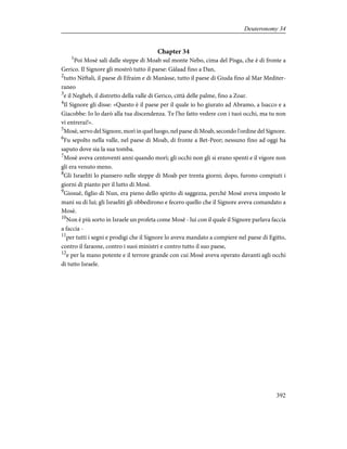 Chapter 34
1
Poi Mosè salì dalle steppe di Moab sul monte Nebo, cima del Pisga, che è di fronte a
Gerico. Il Signore gli mostrò tutto il paese: Gàlaad fino a Dan,
2
tutto Nèftali, il paese di Efraim e di Manàsse, tutto il paese di Giuda fino al Mar Mediter-
raneo
3
e il Negheb, il distretto della valle di Gerico, città delle palme, fino a Zoar.
4
Il Signore gli disse: «Questo è il paese per il quale io ho giurato ad Abramo, a Isacco e a
Giacobbe: Io lo darò alla tua discendenza. Te l'ho fatto vedere con i tuoi occhi, ma tu non
vi entrerai!».
5
Mosè, servo del Signore, morì in quel luogo, nel paese di Moab, secondo l'ordine del Signore.
6
Fu sepolto nella valle, nel paese di Moab, di fronte a Bet-Peor; nessuno fino ad oggi ha
saputo dove sia la sua tomba.
7
Mosè aveva centoventi anni quando morì; gli occhi non gli si erano spenti e il vigore non
gli era venuto meno.
8
Gli Israeliti lo piansero nelle steppe di Moab per trenta giorni; dopo, furono compiuti i
giorni di pianto per il lutto di Mosè.
9
Giosuè, figlio di Nun, era pieno dello spirito di saggezza, perché Mosè aveva imposto le
mani su di lui; gli Israeliti gli obbedirono e fecero quello che il Signore aveva comandato a
Mosè.
10
Non è più sorto in Israele un profeta come Mosè - lui con il quale il Signore parlava faccia
a faccia -
11
per tutti i segni e prodigi che il Signore lo aveva mandato a compiere nel paese di Egitto,
contro il faraone, contro i suoi ministri e contro tutto il suo paese,
12
e per la mano potente e il terrore grande con cui Mosè aveva operato davanti agli occhi
di tutto Israele.
392
Deuteronomy 34
 