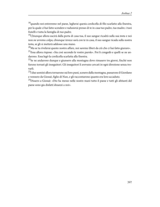 18
quando noi entreremo nel paese, legherai questa cordicella di filo scarlatto alla finestra,
per la quale ci hai fatto scendere e radunerai presso di te in casa tuo padre, tua madre, i tuoi
fratelli e tutta la famiglia di tuo padre.
19
Chiunque allora uscirà dalla porta di casa tua, il suo sangue ricadrà sulla sua testa e noi
non ne avremo colpa; chiunque invece sarà con te in casa, il suo sangue ricada sulla nostra
testa, se gli si metterà addosso una mano.
20
Ma se tu rivelerai questo nostro affare, noi saremo liberi da ciò che ci hai fatto giurare».
21
Essa allora rispose: «Sia così secondo le vostre parole». Poi li congedò e quelli se ne an-
darono. Essa legò la cordicella scarlatta alla finestra.
22
Se ne andarono dunque e giunsero alla montagna dove rimasero tre giorni, finché non
furono tornati gli inseguitori. Gli inseguitori li avevano cercati in ogni direzione senza tro-
varli.
23
I due uomini allora tornarono sui loro passi, scesero dalla montagna, passarono il Giordano
e vennero da Giosuè, figlio di Nun, e gli raccontarono quanto era loro accaduto.
24
Dissero a Giosuè: «Dio ha messo nelle nostre mani tutto il paese e tutti gli abitanti del
paese sono gia disfatti dinanzi a noi».
397
Joshua 2
 