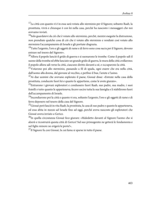 17
La città con quanto vi è in essa sarà votata allo sterminio per il Signore; soltanto Raab, la
prostituta, vivrà e chiunque è con lei nella casa, perché ha nascosto i messaggeri che noi
avevamo inviati.
18
Solo guardatevi da ciò che è votato allo sterminio, perché, mentre eseguite la distruzione,
non prendiate qualche cosa di ciò che è votato allo sterminio e rendiate così votato allo
sterminio l'accampamento di Israele e gli portiate disgrazia.
19
Tutto l'argento, l'oro e gli oggetti di rame e di ferro sono cosa sacra per il Signore, devono
entrare nel tesoro del Signore».
20
Allora il popolo lanciò il grido di guerra e si suonarono le trombe. Come il popolo udì il
suono della tromba ed ebbe lanciato un grande grido di guerra, le mura della città crollarono;
il popolo allora salì verso la città, ciascuno diritto davanti a sé, e occuparono la città.
21
Votarono poi allo sterminio, passando a fil di spada, ogni essere che era nella città,
dall'uomo alla donna, dal giovane al vecchio, e perfino il bue, l'ariete e l'asino.
22
Ai due uomini che avevano esplorato il paese, Giosuè disse: «Entrate nella casa della
prostituta, conducete fuori lei e quanto le appartiene, come le avete giurato».
23
Entrarono i giovani esploratori e condussero fuori Raab, suo padre, sua madre, i suoi
fratelli e tutto quanto le apparteneva; fecero uscire tutta la sua famiglia e li stabilirono fuori
dell'accampamento di Israele.
24
Incendiarono poi la città e quanto vi era, soltanto l'argento, l'oro e gli oggetti di rame e di
ferro deposero nel tesoro della casa del Signore.
25
Giosuè però lasciò in vita Raab, la prostituta, la casa di suo padre e quanto le apparteneva,
ed essa abita in mezzo ad Israele fino ad oggi, perché aveva nascosto gli esploratori che
Giosuè aveva inviato a Gerico.
26
In quella circostanza Giosuè fece giurare: «Maledetto davanti al Signore l'uomo che si
alzerà e ricostruirà questa città di Gerico! Sul suo primogenito ne getterà le fondamenta e
sul figlio minore ne erigerà le porte!».
27
Il Signore fu con Giosuè, la cui fama si sparse in tutto il paese.
403
Joshua 6
 