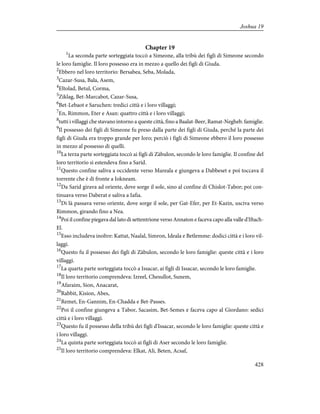 Chapter 19
1
La seconda parte sorteggiata toccò a Simeone, alla tribù dei figli di Simeone secondo
le loro famiglie. Il loro possesso era in mezzo a quello dei figli di Giuda.
2
Ebbero nel loro territorio: Bersabea, Seba, Molada,
3
Cazar-Susa, Bala, Asem,
4
Eltolad, Betul, Corma,
5
Ziklag, Bet-Marcabot, Cazar-Susa,
6
Bet-Lebaot e Saruchen: tredici città e i loro villaggi;
7
En, Rimmon, Eter e Asan: quattro città e i loro villaggi;
8
tutti i villaggi che stavano intorno a queste città, fino a Baalat-Beer, Ramat-Negheb. famiglie.
9
Il possesso dei figli di Simeone fu preso dalla parte dei figli di Giuda, perché la parte dei
figli di Giuda era troppo grande per loro; perciò i figli di Simeone ebbero il loro possesso
in mezzo al possesso di quelli.
10
La terza parte sorteggiata toccò ai figli di Zàbulon, secondo le loro famiglie. Il confine del
loro territorio si estendeva fino a Sarid.
11
Questo confine saliva a occidente verso Mareala e giungeva a Dabbeset e poi toccava il
torrente che è di fronte a Iokneam.
12
Da Sarid girava ad oriente, dove sorge il sole, sino al confine di Chislot-Tabor; poi con-
tinuava verso Daberat e saliva a Iafia.
13
Di là passava verso oriente, dove sorge il sole, per Gat-Efer, per Et-Kazin, usciva verso
Rimmon, girando fino a Nea.
14
Poi il confine piegava dal lato di settentrione verso Annaton e faceva capo alla valle d'Iftach-
El.
15
Esso includeva inoltre: Kattat, Naalal, Simron, Ideala e Betlemme: dodici città e i loro vil-
laggi.
16
Questo fu il possesso dei figli di Zàbulon, secondo le loro famiglie: queste città e i loro
villaggi.
17
La quarta parte sorteggiata toccò a Issacar, ai figli di Issacar, secondo le loro famiglie.
18
Il loro territorio comprendeva: Izreel, Chesullot, Sunem,
19
Afaraim, Sion, Anacarat,
20
Rabbit, Kision, Abes,
21
Remet, En-Gannim, En-Chadda e Bet-Passes.
22
Poi il confine giungeva a Tabor, Sacasim, Bet-Semes e faceva capo al Giordano: sedici
città e i loro villaggi.
23
Questo fu il possesso della tribù dei figli d'Issacar, secondo le loro famiglie: queste città e
i loro villaggi.
24
La quinta parte sorteggiata toccò ai figli di Aser secondo le loro famiglie.
25
Il loro territorio comprendeva: Elkat, Ali, Beten, Acsaf,
428
Joshua 19
 