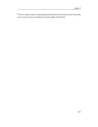 57
Dio fece anche ricadere sul capo della gente di Sichem tutto il male che essa aveva fatto;
così si avverò su di loro la maledizione di Iotam, figlio di Ierub-Baal.
462
Judges 9
 