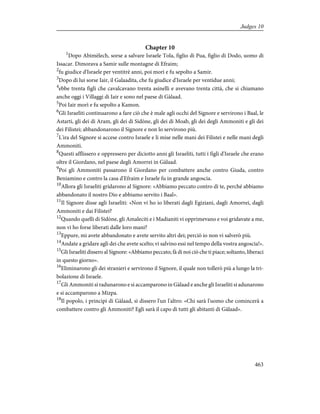 Chapter 10
1
Dopo Abimèlech, sorse a salvare Israele Tola, figlio di Pua, figlio di Dodo, uomo di
Issacar. Dimorava a Samir sulle montagne di Efraim;
2
fu giudice d'Israele per ventitrè anni, poi morì e fu sepolto a Samir.
3
Dopo di lui sorse Iair, il Galaadita, che fu giudice d'Israele per ventidue anni;
4
ebbe trenta figli che cavalcavano trenta asinelli e avevano trenta città, che si chiamano
anche oggi i Villaggi di Iair e sono nel paese di Gàlaad.
5
Poi Iair morì e fu sepolto a Kamon.
6
Gli Israeliti continuarono a fare ciò che è male agli occhi del Signore e servirono i Baal, le
Astarti, gli dei di Aram, gli dei di Sidòne, gli dei di Moab, gli dei degli Ammoniti e gli dei
dei Filistei; abbandonarono il Signore e non lo servirono più.
7
L'ira del Signore si accese contro Israele e li mise nelle mani dei Filistei e nelle mani degli
Ammoniti.
8
Questi afflissero e oppressero per diciotto anni gli Israeliti, tutti i figli d'Israele che erano
oltre il Giordano, nel paese degli Amorrei in Gàlaad.
9
Poi gli Ammoniti passarono il Giordano per combattere anche contro Giuda, contro
Beniamino e contro la casa d'Efraim e Israele fu in grande angoscia.
10
Allora gli Israeliti gridarono al Signore: «Abbiamo peccato contro di te, perché abbiamo
abbandonato il nostro Dio e abbiamo servito i Baal».
11
Il Signore disse agli Israeliti: «Non vi ho io liberati dagli Egiziani, dagli Amorrei, dagli
Ammoniti e dai Filistei?
12
Quando quelli di Sidòne, gli Amaleciti e i Madianiti vi opprimevano e voi gridavate a me,
non vi ho forse liberati dalle loro mani?
13
Eppure, mi avete abbandonato e avete servito altri dei; perciò io non vi salverò più.
14
Andate a gridare agli dei che avete scelto; vi salvino essi nel tempo della vostra angoscia!».
15
Gli Israeliti dissero al Signore: «Abbiamo peccato; fà di noi ciò che ti piace; soltanto, liberaci
in questo giorno».
16
Eliminarono gli dei stranieri e servirono il Signore, il quale non tollerò più a lungo la tri-
bolazione di Israele.
17
Gli Ammoniti si radunarono e si accamparono in Gàlaad e anche gli Israeliti si adunarono
e si accamparono a Mizpa.
18
Il popolo, i principi di Gàlaad, si dissero l'un l'altro: «Chi sarà l'uomo che comincerà a
combattere contro gli Ammoniti? Egli sarà il capo di tutti gli abitanti di Gàlaad».
463
Judges 10
 