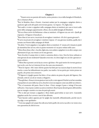 Chapter 2
1
Noemi aveva un parente del marito, uomo potente e ricco della famiglia di Elimèlech,
che si chiamava Booz.
2
Rut, la Moabita, disse a Noemi: «Lasciami andare per la campagna a spigolare dietro a
qualcuno agli occhi del quale avrò trovato grazia». Le rispose: «Và, figlia mia».
3
Rut andò e si mise a spigolare nella campagna dietro ai mietitori; per caso si trovò nella
parte della campagna appartenente a Booz, che era della famiglia di Elimèlech.
4
Ed ecco Booz arrivò da Betlemme e disse ai mietitori: «Il Signore sia con voi!». Quelli gli
risposero: «Il Signore ti benedica!».
5
Booz disse al suo servo, incaricato di sorvegliare i mietitori: «Di chi è questa giovane?».
6
Il servo incaricato di sorvegliare i mietitori rispose: «E' una giovane moabita, quella che è
tornata con Noemi dalla campagna di Moab.
7
Ha detto: Vorrei spigolare e raccogliere dietro ai mietitori. E' venuta ed è rimasta in piedi
da stamattina fino ad ora; solo in questo momento si è un poco seduta nella casa».
8
Allora Booz disse a Rut: «Ascolta, figlia mia, non andare a spigolare in un altro campo; non
allontanarti di qui, ma rimani con le mie giovani;
9
tieni d'occhio il campo dove si miete e cammina dietro a loro. Non ho forse ordinato ai
miei giovani di non molestarti? Quando avrai sete, và a bere dagli orci ciò che i giovani av-
ranno attinto».
10
Allora Rut si prostrò con la faccia a terra e gli disse: «Per qual motivo ho trovato grazia ai
tuoi occhi, così che tu ti interessi di me che sono una straniera?».
11
Booz le rispose: «Mi è stato riferito quanto hai fatto per tua suocera dopo la morte di tuo
marito e come hai abbandonato tuo padre, tua madre e la tua patria per venire presso un
popolo, che prima non conoscevi.
12
Il Signore ti ripaghi quanto hai fatto e il tuo salario sia pieno da parte del Signore, Dio
d'Israele, sotto le cui ali sei venuta a rifugiarti».
13
Essa gli disse: «Possa io trovar grazia ai tuoi occhi, o mio signore! Poiché tu mi hai consolata
e hai parlato al cuore della tua serva, benché io non sia neppure come una delle tue schiave».
14
Poi, al momento del pasto, Booz le disse: «Vieni, mangia il pane e intingi il boccone
nell'aceto». Essa si pose a sedere accanto ai mietitori. Booz le pose davanti grano abbrustolito;
essa ne mangiò a sazietà e ne mise da parte gli avanzi.
15
Poi si alzò per tornare a spigolare e Booz diede quest'ordine ai suoi servi: «Lasciatela
spigolare anche fra i covoni e non le fate affronto;
16
anzi lasciate cadere apposta per lei spighe dai mannelli; abbandonatele, perché essa le
raccolga, e non sgridatela».
17
Così essa spigolò nel campo fino alla sera; battè quello che aveva raccolto e ne venne circa
una quarantina di chili di orzo.
489
Ruth 2
 