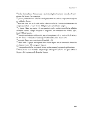 20
Così al finir dell'anno Anna concepì e partorì un figlio e lo chiamò Samuele. «Perché -
diceva - dal Signore l'ho impetrato».
21
Quando poi Elkana andò con tutta la famiglia a offrire il sacrificio di ogni anno al Signore
e a soddisfare il voto,
22
Anna non andò, perché diceva al marito: «Non verrò, finché il bambino non sia divezzato
e io possa condurlo a vedere il volto del Signore; poi resterà là per sempre».
23
Le rispose Elkana suo marito: «Fà pure quanto ti sembra meglio; rimani finché tu l'abbia
divezzato; soltanto adempia il Signore la tua parola». La donna rimase e allattò il figlio,
finché l'ebbe divezzato.
24
Dopo averlo divezzato, andò con lui, portando un giovenco di tre anni, un'efa di farina e
un otre di vino e venne alla casa del Signore a Silo e il fanciullo era con loro.
25
Immolato il giovenco, presentarono il fanciullo a Eli
26
e Anna disse: «Ti prego, mio signore. Per la tua vita, signor mio, io sono quella donna che
era stata qui presso di te a pregare il Signore.
27
Per questo fanciullo ho pregato e il Signore mi ha concesso la grazia che gli ho chiesto.
28
Perciò anch'io lo dò in cambio al Signore: per tutti i giorni della sua vita egli è ceduto al
Signore». E si prostrarono là davanti al Signore.
496
1 Samuel 1
 