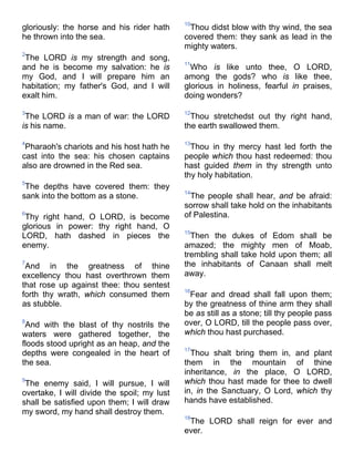 gloriously: the horse and his rider hath
he thrown into the sea.
2
The LORD is my strength and song,
and he is become my salvation: he is
my God, and I will prepare him an
habitation; my father's God, and I will
exalt him.
3
The LORD is a man of war: the LORD
is his name.
4
Pharaoh's chariots and his host hath he
cast into the sea: his chosen captains
also are drowned in the Red sea.
5
The depths have covered them: they
sank into the bottom as a stone.
6
Thy right hand, O LORD, is become
glorious in power: thy right hand, O
LORD, hath dashed in pieces the
enemy.
7
And in the greatness of thine
excellency thou hast overthrown them
that rose up against thee: thou sentest
forth thy wrath, which consumed them
as stubble.
8
And with the blast of thy nostrils the
waters were gathered together, the
floods stood upright as an heap, and the
depths were congealed in the heart of
the sea.
9
The enemy said, I will pursue, I will
overtake, I will divide the spoil; my lust
shall be satisfied upon them; I will draw
my sword, my hand shall destroy them.
10
Thou didst blow with thy wind, the sea
covered them: they sank as lead in the
mighty waters.
11
Who is like unto thee, O LORD,
among the gods? who is like thee,
glorious in holiness, fearful in praises,
doing wonders?
12
Thou stretchedst out thy right hand,
the earth swallowed them.
13
Thou in thy mercy hast led forth the
people which thou hast redeemed: thou
hast guided them in thy strength unto
thy holy habitation.
14
The people shall hear, and be afraid:
sorrow shall take hold on the inhabitants
of Palestina.
15
Then the dukes of Edom shall be
amazed; the mighty men of Moab,
trembling shall take hold upon them; all
the inhabitants of Canaan shall melt
away.
16
Fear and dread shall fall upon them;
by the greatness of thine arm they shall
be as still as a stone; till thy people pass
over, O LORD, till the people pass over,
which thou hast purchased.
17
Thou shalt bring them in, and plant
them in the mountain of thine
inheritance, in the place, O LORD,
which thou hast made for thee to dwell
in, in the Sanctuary, O Lord, which thy
hands have established.
18
The LORD shall reign for ever and
ever.
 