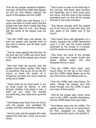 8
And all the people answered together,
and said, All that the LORD hath spoken
we will do. And Moses returned the
words of the people unto the LORD.
9
And the LORD said unto Moses, Lo, I
come unto thee in a thick cloud, that the
people may hear when I speak with thee,
and believe thee for ever. And Moses
told the words of the people unto the
LORD.
10
And the LORD said unto Moses, Go
unto the people, and sanctify them to
day and to morrow, and let them wash
their clothes,
11
And be ready against the third day: for
the third day the LORD will come down
in the sight of all the people upon mount
Sinai.
12
And thou shalt set bounds unto the
people round about, saying, Take heed
to yourselves, that ye go not up into the
mount, or touch the border of it:
whosoever toucheth the mount shall be
surely put to death:
13
There shall not an hand touch it, but
he shall surely be stoned, or shot
through; whether it be beast or man, it
shall not live: when the trumpet
soundeth long, they shall come up to the
mount.
14
And Moses went down from the mount
unto the people, and sanctified the
people; and they washed their clothes.
15
And he said unto the people, Be ready
against the third day: come not at your
wives.
16
And it came to pass on the third day in
the morning, that there were thunders
and lightnings, and a thick cloud upon
the mount, and the voice of the trumpet
exceeding loud; so that all the people
that was in the camp trembled.
17
And Moses brought forth the people
out of the camp to meet with God; and
they stood at the nether part of the
mount.
18
And mount Sinai was altogether on a
smoke, because the LORD descended
upon it in fire: and the smoke thereof
ascended as the smoke of a furnace,
and the whole mount quaked greatly.
19
And when the voice of the trumpet
sounded long, and waxed louder and
louder, Moses spake, and God
answered him by a voice.
20
And the LORD came down upon
mount Sinai, on the top of the mount:
and the LORD called Moses up to the
top of the mount; and Moses went up.
21
And the LORD said unto Moses, Go
down, charge the people, lest they
break through unto the LORD to gaze,
and many of them perish.
22
And let the priests also, which come
near to the LORD, sanctify themselves,
lest the LORD break forth upon them.
23
And Moses said unto the LORD, The
people cannot come up to mount Sinai:
for thou chargedst us, saying, Set
bounds about the mount, and sanctify it.
 