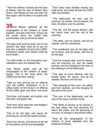 35
And the children of Israel saw the face
of Moses, that the skin of Moses' face
shone: and Moses put the vail upon his
face again, until he went in to speak with
him.
35And Moses gathered all the
congregation of the children of Israel
together, and said unto them, These are
the words which the LORD hath
commanded, that ye should do them.
2
Six days shall work be done, but on the
seventh day there shall be to you an
holy day, a sabbath of rest to the LORD:
whosoever doeth work therein shall be
put to death.
3
Ye shall kindle no fire throughout your
habitations upon the sabbath day.
4
And Moses spake unto all the
congregation of the children of Israel,
saying, This is the thing which the
LORD commanded, saying,
5
Take ye from among you an offering
unto the LORD: whosoever is of a
willing heart, let him bring it, an offering
of the LORD; gold, and silver, and brass,
6
And blue, and purple, and scarlet, and
fine linen, and goats' hair,
7
And rams' skins dyed red, and badgers'
skins, and shittim wood,
8
And oil for the light, and spices for
anointing oil, and for the sweet incense,
9
And onyx stones, and stones to be set
for the ephod, and for the breastplate.
10
And every wise hearted among you
shall come, and make all that the LORD
hath commanded;
11
The tabernacle, his tent, and his
covering, his taches, and his boards, his
bars, his pillars, and his sockets,
12
The ark, and the staves thereof, with
the mercy seat, and the vail of the
covering,
13
The table, and his staves, and all his
vessels, and the shewbread,
14
The candlestick also for the light, and
his furniture, and his lamps, with the oil
for the light,
15
And the incense altar, and his staves,
and the anointing oil, and the sweet
incense, and the hanging for the door at
the entering in of the tabernacle,
16
The altar of burnt offering, with his
brasen grate, his staves, and all his
vessels, the laver and his foot,
17
The hangings of the court, his pillars,
and their sockets, and the hanging for
the door of the court,
18
The pins of the tabernacle, and the
pins of the court, and their cords,
19
The cloths of service, to do service in
the holy place, the holy garments for
Aaron the priest, and the garments of
his sons, to minister in the priest's office.
20
And all the congregation of the
children of Israel departed from the
presence of Moses.
 