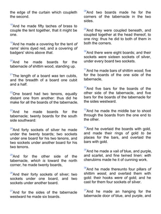 the edge of the curtain which coupleth
the second.
18
And he made fifty taches of brass to
couple the tent together, that it might be
one.
19
And he made a covering for the tent of
rams' skins dyed red, and a covering of
badgers' skins above that.
20
And he made boards for the
tabernacle of shittim wood, standing up.
21
The length of a board was ten cubits,
and the breadth of a board one cubit
and a half.
22
One board had two tenons, equally
distant one from another: thus did he
make for all the boards of the tabernacle.
23
And he made boards for the
tabernacle; twenty boards for the south
side southward:
24
And forty sockets of silver he made
under the twenty boards; two sockets
under one board for his two tenons, and
two sockets under another board for his
two tenons.
25
And for the other side of the
tabernacle, which is toward the north
corner, he made twenty boards,
26
And their forty sockets of silver; two
sockets under one board, and two
sockets under another board.
27
And for the sides of the tabernacle
westward he made six boards.
28
And two boards made he for the
corners of the tabernacle in the two
sides.
29
And they were coupled beneath, and
coupled together at the head thereof, to
one ring: thus he did to both of them in
both the corners.
30
And there were eight boards; and their
sockets were sixteen sockets of silver,
under every board two sockets.
31
And he made bars of shittim wood; five
for the boards of the one side of the
tabernacle,
32
And five bars for the boards of the
other side of the tabernacle, and five
bars for the boards of the tabernacle for
the sides westward.
33
And he made the middle bar to shoot
through the boards from the one end to
the other.
34
And he overlaid the boards with gold,
and made their rings of gold to be
places for the bars, and overlaid the
bars with gold.
35
And he made a vail of blue, and purple,
and scarlet, and fine twined linen: with
cherubims made he it of cunning work.
36
And he made thereunto four pillars of
shittim wood, and overlaid them with
gold: their hooks were of gold; and he
cast for them four sockets of silver.
37
And he made an hanging for the
tabernacle door of blue, and purple, and
 