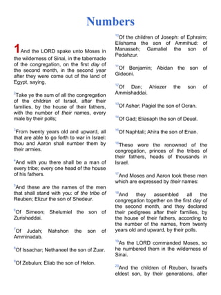Numbers
1And the LORD spake unto Moses in
the wilderness of Sinai, in the tabernacle
of the congregation, on the first day of
the second month, in the second year
after they were come out of the land of
Egypt, saying,
2
Take ye the sum of all the congregation
of the children of Israel, after their
families, by the house of their fathers,
with the number of their names, every
male by their polls;
3
From twenty years old and upward, all
that are able to go forth to war in Israel:
thou and Aaron shall number them by
their armies.
4
And with you there shall be a man of
every tribe; every one head of the house
of his fathers.
5
And these are the names of the men
that shall stand with you: of the tribe of
Reuben; Elizur the son of Shedeur.
6
Of Simeon; Shelumiel the son of
Zurishaddai.
7
Of Judah; Nahshon the son of
Amminadab.
8
Of Issachar; Nethaneel the son of Zuar.
9
Of Zebulun; Eliab the son of Helon.
10
Of the children of Joseph: of Ephraim;
Elishama the son of Ammihud: of
Manasseh; Gamaliel the son of
Pedahzur.
11
Of Benjamin; Abidan the son of
Gideoni.
12
Of Dan; Ahiezer the son of
Ammishaddai.
13
Of Asher; Pagiel the son of Ocran.
14
Of Gad; Eliasaph the son of Deuel.
15
Of Naphtali; Ahira the son of Enan.
16
These were the renowned of the
congregation, princes of the tribes of
their fathers, heads of thousands in
Israel.
17
And Moses and Aaron took these men
which are expressed by their names:
18
And they assembled all the
congregation together on the first day of
the second month, and they declared
their pedigrees after their families, by
the house of their fathers, according to
the number of the names, from twenty
years old and upward, by their polls.
19
As the LORD commanded Moses, so
he numbered them in the wilderness of
Sinai.
20
And the children of Reuben, Israel's
eldest son, by their generations, after
 