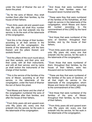 under the hand of Ithamar the son of
Aaron the priest.
29
As for the sons of Merari, thou shalt
number them after their families, by the
house of their fathers;
30
From thirty years old and upward even
unto fifty years old shalt thou number
them, every one that entereth into the
service, to do the work of the tabernacle
of the congregation.
31
And this is the charge of their burden,
according to all their service in the
tabernacle of the congregation; the
boards of the tabernacle, and the bars
thereof, and the pillars thereof, and
sockets thereof,
32
And the pillars of the court round about,
and their sockets, and their pins, and
their cords, with all their instruments,
and with all their service: and by name
ye shall reckon the instruments of the
charge of their burden.
33
This is the service of the families of the
sons of Merari, according to all their
service, in the tabernacle of the
congregation, under the hand of Ithamar
the son of Aaron the priest.
34
And Moses and Aaron and the chief of
the congregation numbered the sons of
the Kohathites after their families, and
after the house of their fathers,
35
From thirty years old and upward even
unto fifty years old, every one that
entereth into the service, for the work in
the tabernacle of the congregation:
36
And those that were numbered of
them by their families were two
thousand seven hundred and fifty.
37
These were they that were numbered
of the families of the Kohathites, all that
might do service in the tabernacle of the
congregation, which Moses and Aaron
did number according to the
commandment of the LORD by the hand
of Moses.
38
And those that were numbered of the
sons of Gershon, throughout their
families, and by the house of their
fathers,
39
From thirty years old and upward even
unto fifty years old, every one that
entereth into the service, for the work in
the tabernacle of the congregation,
40
Even those that were numbered of
them, throughout their families, by the
house of their fathers, were two
thousand and six hundred and thirty.
41
These are they that were numbered of
the families of the sons of Gershon, of
all that might do service in the
tabernacle of the congregation, whom
Moses and Aaron did number according
to the commandment of the LORD.
42
And those that were numbered of the
families of the sons of Merari,
throughout their families, by the house
of their fathers,
43
From thirty years old and upward even
unto fifty years old, every one that
entereth into the service, for the work in
the tabernacle of the congregation,
 