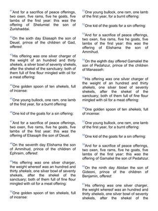 41
And for a sacrifice of peace offerings,
two oxen, five rams, five he goats, five
lambs of the first year: this was the
offering of Shelumiel the son of
Zurishaddai.
42
On the sixth day Eliasaph the son of
Deuel, prince of the children of Gad,
offered:
43
His offering was one silver charger of
the weight of an hundred and thirty
shekels, a silver bowl of seventy shekels,
after the shekel of the sanctuary; both of
them full of fine flour mingled with oil for
a meat offering:
44
One golden spoon of ten shekels, full
of incense:
45
One young bullock, one ram, one lamb
of the first year, for a burnt offering:
46
One kid of the goats for a sin offering:
47
And for a sacrifice of peace offerings,
two oxen, five rams, five he goats, five
lambs of the first year: this was the
offering of Eliasaph the son of Deuel.
48
On the seventh day Elishama the son
of Ammihud, prince of the children of
Ephraim, offered:
49
His offering was one silver charger,
the weight whereof was an hundred and
thirty shekels, one silver bowl of seventy
shekels, after the shekel of the
sanctuary; both of them full of fine flour
mingled with oil for a meat offering:
50
One golden spoon of ten shekels, full
of incense:
51
One young bullock, one ram, one lamb
of the first year, for a burnt offering:
52
One kid of the goats for a sin offering:
53
And for a sacrifice of peace offerings,
two oxen, five rams, five he goats, five
lambs of the first year: this was the
offering of Elishama the son of
Ammihud.
54
On the eighth day offered Gamaliel the
son of Pedahzur, prince of the children
of Manasseh:
55
His offering was one silver charger of
the weight of an hundred and thirty
shekels, one silver bowl of seventy
shekels, after the shekel of the
sanctuary; both of them full of fine flour
mingled with oil for a meat offering:
56
One golden spoon of ten shekels, full
of incense:
57
One young bullock, one ram, one lamb
of the first year, for a burnt offering:
58
One kid of the goats for a sin offering:
59
And for a sacrifice of peace offerings,
two oxen, five rams, five he goats, five
lambs of the first year: this was the
offering of Gamaliel the son of Pedahzur.
60
On the ninth day Abidan the son of
Gideoni, prince of the children of
Benjamin, offered:
61
His offering was one silver charger,
the weight whereof was an hundred and
thirty shekels, one silver bowl of seventy
shekels, after the shekel of the
 