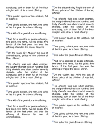 sanctuary; both of them full of fine flour
mingled with oil for a meat offering:
62
One golden spoon of ten shekels, full
of incense:
63
One young bullock, one ram, one lamb
of the first year, for a burnt offering:
64
One kid of the goats for a sin offering:
65
And for a sacrifice of peace offerings,
two oxen, five rams, five he goats, five
lambs of the first year: this was the
offering of Abidan the son of Gideoni.
66
On the tenth day Ahiezer the son of
Ammishaddai, prince of the children of
Dan, offered:
67
His offering was one silver charger,
the weight whereof was an hundred and
thirty shekels, one silver bowl of seventy
shekels, after the shekel of the
sanctuary; both of them full of fine flour
mingled with oil for a meat offering:
68
One golden spoon of ten shekels, full
of incense:
69
One young bullock, one ram, one lamb
of the first year, for a burnt offering:
70
One kid of the goats for a sin offering:
71
And for a sacrifice of peace offerings,
two oxen, five rams, five he goats, five
lambs of the first year: this was the
offering of Ahiezer the son of
Ammishaddai.
72
On the eleventh day Pagiel the son of
Ocran, prince of the children of Asher,
offered:
73
His offering was one silver charger,
the weight whereof was an hundred and
thirty shekels, one silver bowl of seventy
shekels, after the shekel of the
sanctuary; both of them full of fine flour
mingled with oil for a meat offering:
74
One golden spoon of ten shekels, full
of incense:
75
One young bullock, one ram, one lamb
of the first year, for a burnt offering:
76
One kid of the goats for a sin offering:
77
And for a sacrifice of peace offerings,
two oxen, five rams, five he goats, five
lambs of the first year: this was the
offering of Pagiel the son of Ocran.
78
On the twelfth day Ahira the son of
Enan, prince of the children of Naphtali,
offered:
79
His offering was one silver charger,
the weight whereof was an hundred and
thirty shekels, one silver bowl of seventy
shekels, after the shekel of the
sanctuary; both of them full of fine flour
mingled with oil for a meat offering:
80
One golden spoon of ten shekels, full
of incense:
81
One young bullock, one ram, one lamb
of the first year, for a burnt offering:
82
One kid of the goats for a sin offering:
 