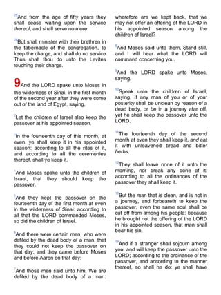 25
And from the age of fifty years they
shall cease waiting upon the service
thereof, and shall serve no more:
26
But shall minister with their brethren in
the tabernacle of the congregation, to
keep the charge, and shall do no service.
Thus shalt thou do unto the Levites
touching their charge.
9And the LORD spake unto Moses in
the wilderness of Sinai, in the first month
of the second year after they were come
out of the land of Egypt, saying,
2
Let the children of Israel also keep the
passover at his appointed season.
3
In the fourteenth day of this month, at
even, ye shall keep it in his appointed
season: according to all the rites of it,
and according to all the ceremonies
thereof, shall ye keep it.
4
And Moses spake unto the children of
Israel, that they should keep the
passover.
5
And they kept the passover on the
fourteenth day of the first month at even
in the wilderness of Sinai: according to
all that the LORD commanded Moses,
so did the children of Israel.
6
And there were certain men, who were
defiled by the dead body of a man, that
they could not keep the passover on
that day: and they came before Moses
and before Aaron on that day:
7
And those men said unto him, We are
defiled by the dead body of a man:
wherefore are we kept back, that we
may not offer an offering of the LORD in
his appointed season among the
children of Israel?
8
And Moses said unto them, Stand still,
and I will hear what the LORD will
command concerning you.
9
And the LORD spake unto Moses,
saying,
10
Speak unto the children of Israel,
saying, If any man of you or of your
posterity shall be unclean by reason of a
dead body, or be in a journey afar off,
yet he shall keep the passover unto the
LORD.
11
The fourteenth day of the second
month at even they shall keep it, and eat
it with unleavened bread and bitter
herbs.
12
They shall leave none of it unto the
morning, nor break any bone of it:
according to all the ordinances of the
passover they shall keep it.
13
But the man that is clean, and is not in
a journey, and forbeareth to keep the
passover, even the same soul shall be
cut off from among his people: because
he brought not the offering of the LORD
in his appointed season, that man shall
bear his sin.
14
And if a stranger shall sojourn among
you, and will keep the passover unto the
LORD; according to the ordinance of the
passover, and according to the manner
thereof, so shall he do: ye shall have
 