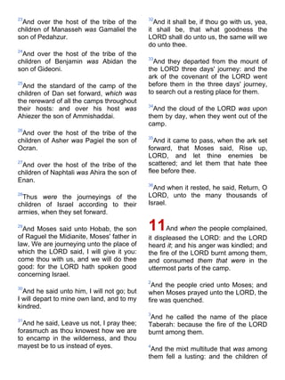 23
And over the host of the tribe of the
children of Manasseh was Gamaliel the
son of Pedahzur.
24
And over the host of the tribe of the
children of Benjamin was Abidan the
son of Gideoni.
25
And the standard of the camp of the
children of Dan set forward, which was
the rereward of all the camps throughout
their hosts: and over his host was
Ahiezer the son of Ammishaddai.
26
And over the host of the tribe of the
children of Asher was Pagiel the son of
Ocran.
27
And over the host of the tribe of the
children of Naphtali was Ahira the son of
Enan.
28
Thus were the journeyings of the
children of Israel according to their
armies, when they set forward.
29
And Moses said unto Hobab, the son
of Raguel the Midianite, Moses' father in
law, We are journeying unto the place of
which the LORD said, I will give it you:
come thou with us, and we will do thee
good: for the LORD hath spoken good
concerning Israel.
30
And he said unto him, I will not go; but
I will depart to mine own land, and to my
kindred.
31
And he said, Leave us not, I pray thee;
forasmuch as thou knowest how we are
to encamp in the wilderness, and thou
mayest be to us instead of eyes.
32
And it shall be, if thou go with us, yea,
it shall be, that what goodness the
LORD shall do unto us, the same will we
do unto thee.
33
And they departed from the mount of
the LORD three days' journey: and the
ark of the covenant of the LORD went
before them in the three days' journey,
to search out a resting place for them.
34
And the cloud of the LORD was upon
them by day, when they went out of the
camp.
35
And it came to pass, when the ark set
forward, that Moses said, Rise up,
LORD, and let thine enemies be
scattered; and let them that hate thee
flee before thee.
36
And when it rested, he said, Return, O
LORD, unto the many thousands of
Israel.
11And when the people complained,
it displeased the LORD: and the LORD
heard it; and his anger was kindled; and
the fire of the LORD burnt among them,
and consumed them that were in the
uttermost parts of the camp.
2
And the people cried unto Moses; and
when Moses prayed unto the LORD, the
fire was quenched.
3
And he called the name of the place
Taberah: because the fire of the LORD
burnt among them.
4
And the mixt multitude that was among
them fell a lusting: and the children of
 