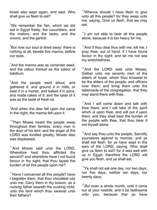Israel also wept again, and said, Who
shall give us flesh to eat?
5
We remember the fish, which we did
eat in Egypt freely; the cucumbers, and
the melons, and the leeks, and the
onions, and the garlick:
6
But now our soul is dried away: there is
nothing at all, beside this manna, before
our eyes.
7
And the manna was as coriander seed,
and the colour thereof as the colour of
bdellium.
8
And the people went about, and
gathered it, and ground it in mills, or
beat it in a mortar, and baked it in pans,
and made cakes of it: and the taste of it
was as the taste of fresh oil.
9
And when the dew fell upon the camp
in the night, the manna fell upon it.
10
Then Moses heard the people weep
throughout their families, every man in
the door of his tent: and the anger of the
LORD was kindled greatly; Moses also
was displeased.
11
And Moses said unto the LORD,
Wherefore hast thou afflicted thy
servant? and wherefore have I not found
favour in thy sight, that thou layest the
burden of all this people upon me?
12
Have I conceived all this people? have
I begotten them, that thou shouldest say
unto me, Carry them in thy bosom, as a
nursing father beareth the sucking child,
unto the land which thou swarest unto
their fathers?
13
Whence should I have flesh to give
unto all this people? for they weep unto
me, saying, Give us flesh, that we may
eat.
14
I am not able to bear all this people
alone, because it is too heavy for me.
15
And if thou deal thus with me, kill me, I
pray thee, out of hand, if I have found
favour in thy sight; and let me not see
my wretchedness.
16
And the LORD said unto Moses,
Gather unto me seventy men of the
elders of Israel, whom thou knowest to
be the elders of the people, and officers
over them; and bring them unto the
tabernacle of the congregation, that they
may stand there with thee.
17
And I will come down and talk with
thee there: and I will take of the spirit
which is upon thee, and will put it upon
them; and they shall bear the burden of
the people with thee, that thou bear it
not thyself alone.
18
And say thou unto the people, Sanctify
yourselves against to morrow, and ye
shall eat flesh: for ye have wept in the
ears of the LORD, saying, Who shall
give us flesh to eat? for it was well with
us in Egypt: therefore the LORD will
give you flesh, and ye shall eat.
19
Ye shall not eat one day, nor two days,
nor five days, neither ten days, nor
twenty days;
20
But even a whole month, until it come
out at your nostrils, and it be loathsome
unto you: because that ye have
 