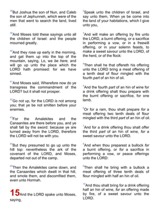 38
But Joshua the son of Nun, and Caleb
the son of Jephunneh, which were of the
men that went to search the land, lived
still.
39
And Moses told these sayings unto all
the children of Israel: and the people
mourned greatly.
40
And they rose up early in the morning,
and gat them up into the top of the
mountain, saying, Lo, we be here, and
will go up unto the place which the
LORD hath promised: for we have
sinned.
41
And Moses said, Wherefore now do ye
transgress the commandment of the
LORD? but it shall not prosper.
42
Go not up, for the LORD is not among
you; that ye be not smitten before your
enemies.
43
For the Amalekites and the
Canaanites are there before you, and ye
shall fall by the sword: because ye are
turned away from the LORD, therefore
the LORD will not be with you.
44
But they presumed to go up unto the
hill top: nevertheless the ark of the
covenant of the LORD, and Moses,
departed not out of the camp.
45
Then the Amalekites came down, and
the Canaanites which dwelt in that hill,
and smote them, and discomfited them,
even unto Hormah.
15And the LORD spake unto Moses,
saying,
2
Speak unto the children of Israel, and
say unto them, When ye be come into
the land of your habitations, which I give
unto you,
3
And will make an offering by fire unto
the LORD, a burnt offering, or a sacrifice
in performing a vow, or in a freewill
offering, or in your solemn feasts, to
make a sweet savour unto the LORD, of
the herd, or of the flock:
4
Then shall he that offereth his offering
unto the LORD bring a meat offering of
a tenth deal of flour mingled with the
fourth part of an hin of oil.
5
And the fourth part of an hin of wine for
a drink offering shalt thou prepare with
the burnt offering or sacrifice, for one
lamb.
6
Or for a ram, thou shalt prepare for a
meat offering two tenth deals of flour
mingled with the third part of an hin of oil.
7
And for a drink offering thou shalt offer
the third part of an hin of wine, for a
sweet savour unto the LORD.
8
And when thou preparest a bullock for
a burnt offering, or for a sacrifice in
performing a vow, or peace offerings
unto the LORD:
9
Then shall he bring with a bullock a
meat offering of three tenth deals of
flour mingled with half an hin of oil.
10
And thou shalt bring for a drink offering
half an hin of wine, for an offering made
by fire, of a sweet savour unto the
LORD.
 