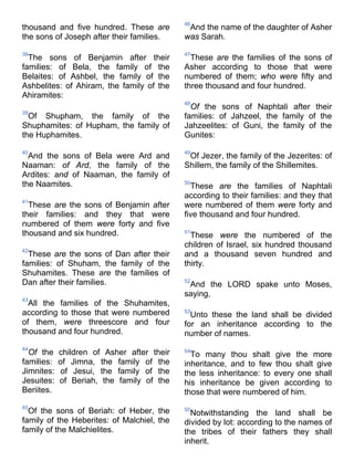 thousand and five hundred. These are
the sons of Joseph after their families.
38
The sons of Benjamin after their
families: of Bela, the family of the
Belaites: of Ashbel, the family of the
Ashbelites: of Ahiram, the family of the
Ahiramites:
39
Of Shupham, the family of the
Shuphamites: of Hupham, the family of
the Huphamites.
40
And the sons of Bela were Ard and
Naaman: of Ard, the family of the
Ardites: and of Naaman, the family of
the Naamites.
41
These are the sons of Benjamin after
their families: and they that were
numbered of them were forty and five
thousand and six hundred.
42
These are the sons of Dan after their
families: of Shuham, the family of the
Shuhamites. These are the families of
Dan after their families.
43
All the families of the Shuhamites,
according to those that were numbered
of them, were threescore and four
thousand and four hundred.
44
Of the children of Asher after their
families: of Jimna, the family of the
Jimnites: of Jesui, the family of the
Jesuites: of Beriah, the family of the
Beriites.
45
Of the sons of Beriah: of Heber, the
family of the Heberites: of Malchiel, the
family of the Malchielites.
46
And the name of the daughter of Asher
was Sarah.
47
These are the families of the sons of
Asher according to those that were
numbered of them; who were fifty and
three thousand and four hundred.
48
Of the sons of Naphtali after their
families: of Jahzeel, the family of the
Jahzeelites: of Guni, the family of the
Gunites:
49
Of Jezer, the family of the Jezerites: of
Shillem, the family of the Shillemites.
50
These are the families of Naphtali
according to their families: and they that
were numbered of them were forty and
five thousand and four hundred.
51
These were the numbered of the
children of Israel, six hundred thousand
and a thousand seven hundred and
thirty.
52
And the LORD spake unto Moses,
saying,
53
Unto these the land shall be divided
for an inheritance according to the
number of names.
54
To many thou shalt give the more
inheritance, and to few thou shalt give
the less inheritance: to every one shall
his inheritance be given according to
those that were numbered of him.
55
Notwithstanding the land shall be
divided by lot: according to the names of
the tribes of their fathers they shall
inherit.
 