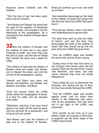 thousand seven hundred and fifty
shekels.
53
(For the men of war had taken spoil,
every man for himself.)
54
And Moses and Eleazar the priest took
the gold of the captains of thousands
and of hundreds, and brought it into the
tabernacle of the congregation, for a
memorial for the children of Israel before
the LORD.
32Now the children of Reuben and
the children of Gad had a very great
multitude of cattle: and when they saw
the land of Jazer, and the land of Gilead,
that, behold, the place was a place for
cattle;
2
The children of Gad and the children of
Reuben came and spake unto Moses,
and to Eleazar the priest, and unto the
princes of the congregation, saying,
3
Ataroth, and Dibon, and Jazer, and
Nimrah, and Heshbon, and Elealeh, and
Shebam, and Nebo, and Beon,
4
Even the country which the LORD
smote before the congregation of Israel,
is a land for cattle, and thy servants
have cattle:
5
Wherefore, said they, if we have found
grace in thy sight, let this land be given
unto thy servants for a possession, and
bring us not over Jordan.
6
And Moses said unto the children of
Gad and to the children of Reuben,
Shall your brethren go to war, and shall
ye sit here?
7
And wherefore discourage ye the heart
of the children of Israel from going over
into the land which the LORD hath given
them?
8
Thus did your fathers, when I sent them
from Kadeshbarnea to see the land.
9
For when they went up unto the valley
of Eshcol, and saw the land, they
discouraged the heart of the children of
Israel, that they should not go into the
land which the LORD had given them.
10
And the LORD'S anger was kindled
the same time, and he sware, saying,
11
Surely none of the men that came up
out of Egypt, from twenty years old and
upward, shall see the land which I sware
unto Abraham, unto Isaac, and unto
Jacob; because they have not wholly
followed me:
12
Save Caleb the son of Jephunneh the
Kenezite, and Joshua the son of Nun:
for they have wholly followed the LORD.
13
And the LORD'S anger was kindled
against Israel, and he made them
wander in the wilderness forty years,
until all the generation, that had done
evil in the sight of the LORD, was
consumed.
14
And, behold, ye are risen up in your
fathers' stead, an increase of sinful men,
to augment yet the fierce anger of the
LORD toward Israel.
 