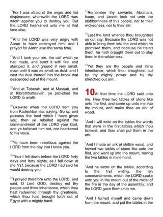19
For I was afraid of the anger and hot
displeasure, wherewith the LORD was
wroth against you to destroy you. But
the LORD hearkened unto me at that
time also.
20
And the LORD was very angry with
Aaron to have destroyed him: and I
prayed for Aaron also the same time.
21
And I took your sin, the calf which ye
had made, and burnt it with fire, and
stamped it, and ground it very small,
even until it was as small as dust: and I
cast the dust thereof into the brook that
descended out of the mount.
22
And at Taberah, and at Massah, and
at Kibrothhattaavah, ye provoked the
LORD to wrath.
23
Likewise when the LORD sent you
from Kadeshbarnea, saying, Go up and
possess the land which I have given
you; then ye rebelled against the
commandment of the LORD your God,
and ye believed him not, nor hearkened
to his voice.
24
Ye have been rebellious against the
LORD from the day that I knew you.
25
Thus I fell down before the LORD forty
days and forty nights, as I fell down at
the first; because the LORD had said he
would destroy you.
26
I prayed therefore unto the LORD, and
said, O Lord GOD, destroy not thy
people and thine inheritance, which thou
hast redeemed through thy greatness,
which thou hast brought forth out of
Egypt with a mighty hand.
27
Remember thy servants, Abraham,
Isaac, and Jacob; look not unto the
stubbornness of this people, nor to their
wickedness, nor to their sin:
28
Lest the land whence thou broughtest
us out say, Because the LORD was not
able to bring them into the land which he
promised them, and because he hated
them, he hath brought them out to slay
them in the wilderness.
29
Yet they are thy people and thine
inheritance, which thou broughtest out
by thy mighty power and by thy
stretched out arm.
10At that time the LORD said unto
me, Hew thee two tables of stone like
unto the first, and come up unto me into
the mount, and make thee an ark of
wood.
2
And I will write on the tables the words
that were in the first tables which thou
brakest, and thou shalt put them in the
ark.
3
And I made an ark of shittim wood, and
hewed two tables of stone like unto the
first, and went up into the mount, having
the two tables in mine hand.
4
And he wrote on the tables, according
to the first writing, the ten
commandments, which the LORD spake
unto you in the mount out of the midst of
the fire in the day of the assembly: and
the LORD gave them unto me.
5
And I turned myself and came down
from the mount, and put the tables in the
 