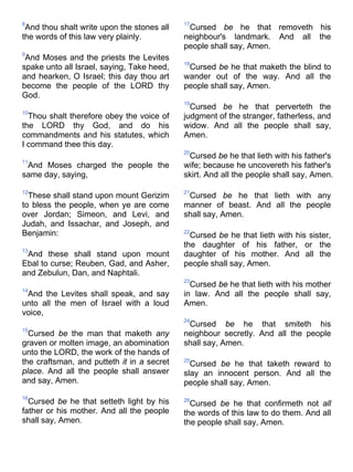 8
And thou shalt write upon the stones all
the words of this law very plainly.
9
And Moses and the priests the Levites
spake unto all Israel, saying, Take heed,
and hearken, O Israel; this day thou art
become the people of the LORD thy
God.
10
Thou shalt therefore obey the voice of
the LORD thy God, and do his
commandments and his statutes, which
I command thee this day.
11
And Moses charged the people the
same day, saying,
12
These shall stand upon mount Gerizim
to bless the people, when ye are come
over Jordan; Simeon, and Levi, and
Judah, and Issachar, and Joseph, and
Benjamin:
13
And these shall stand upon mount
Ebal to curse; Reuben, Gad, and Asher,
and Zebulun, Dan, and Naphtali.
14
And the Levites shall speak, and say
unto all the men of Israel with a loud
voice,
15
Cursed be the man that maketh any
graven or molten image, an abomination
unto the LORD, the work of the hands of
the craftsman, and putteth it in a secret
place. And all the people shall answer
and say, Amen.
16
Cursed be he that setteth light by his
father or his mother. And all the people
shall say, Amen.
17
Cursed be he that removeth his
neighbour's landmark. And all the
people shall say, Amen.
18
Cursed be he that maketh the blind to
wander out of the way. And all the
people shall say, Amen.
19
Cursed be he that perverteth the
judgment of the stranger, fatherless, and
widow. And all the people shall say,
Amen.
20
Cursed be he that lieth with his father's
wife; because he uncovereth his father's
skirt. And all the people shall say, Amen.
21
Cursed be he that lieth with any
manner of beast. And all the people
shall say, Amen.
22
Cursed be he that lieth with his sister,
the daughter of his father, or the
daughter of his mother. And all the
people shall say, Amen.
23
Cursed be he that lieth with his mother
in law. And all the people shall say,
Amen.
24
Cursed be he that smiteth his
neighbour secretly. And all the people
shall say, Amen.
25
Cursed be he that taketh reward to
slay an innocent person. And all the
people shall say, Amen.
26
Cursed be he that confirmeth not all
the words of this law to do them. And all
the people shall say, Amen.
 